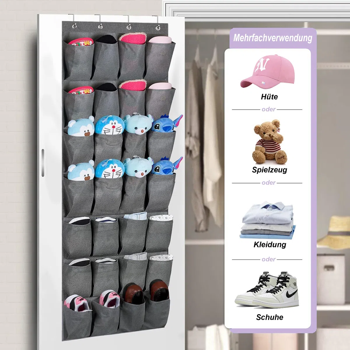 MISSLO 28 Große Taschen über der Tür Schuh-Organizer mit 4 Haken hänge organizer für unterschiedlich breite Türen, hängender schuhaufbewahrung für Schrank schuhhalter Herren, Grau