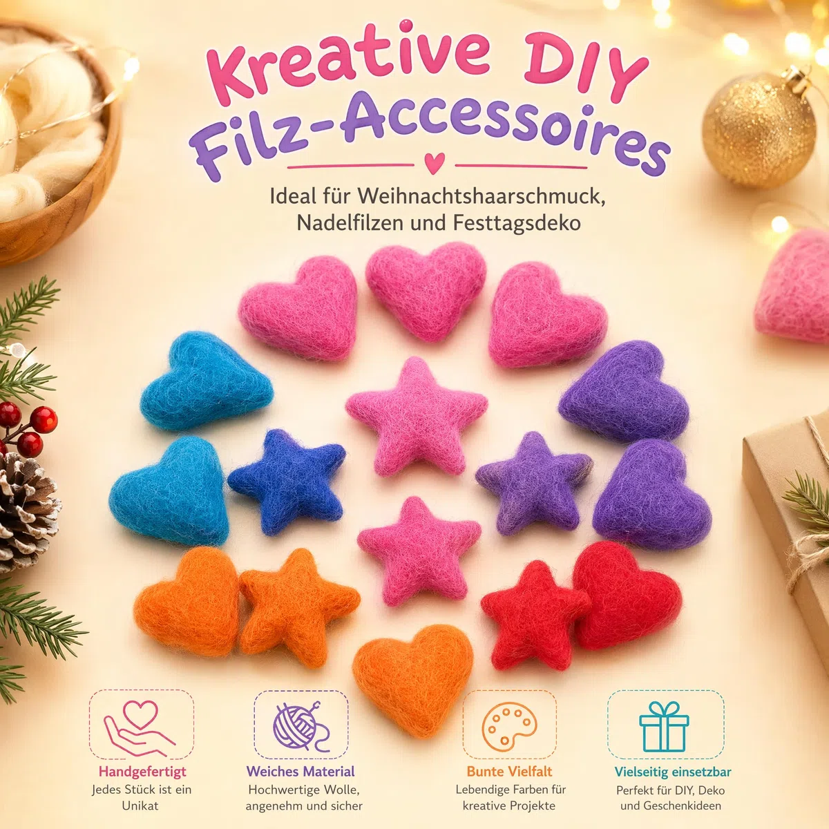 10 Stück Wollfilzkugeln Sternform Herzen aus Filz Niedliche Wollperlen DIY Filzkugeln Handgefertigte Nähen Pom Poms für DIY Heimdekoration Party Requisiten Fotografie Gelb 6cm Stern