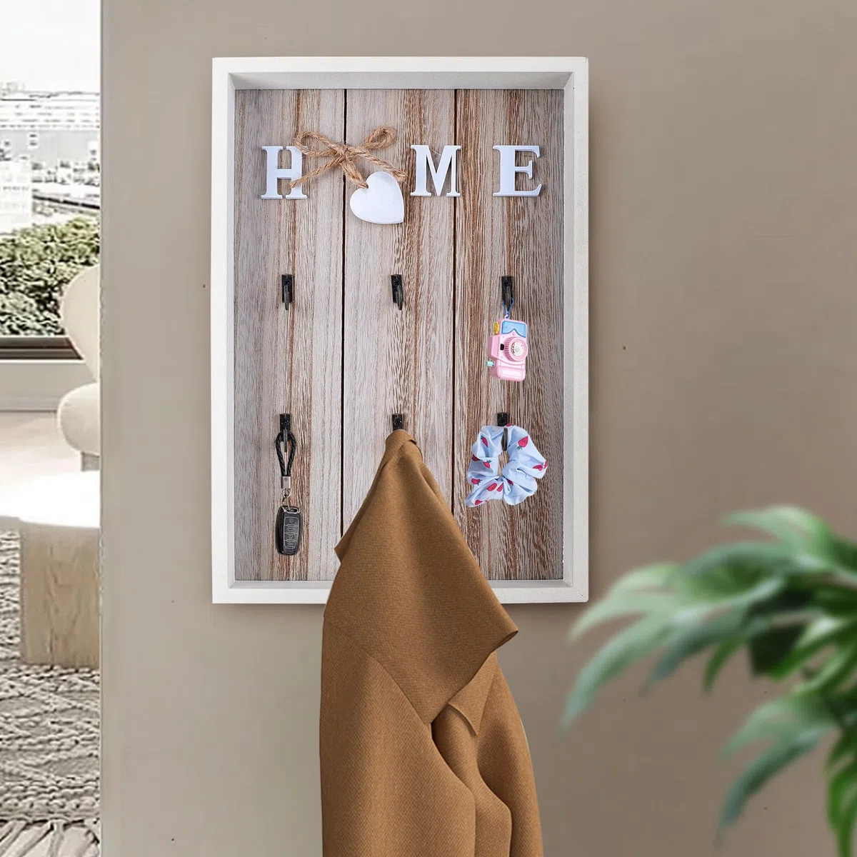 CHENGCKJ Holz Schlüsselbrett, 30 x 20 cm Schlüsselhalter mit 6 Schlüsselhaken, Wand Schlüsselanhänger Ohne Bohren, Schlüsselablage für Schlüssel Organizer Heimdekoration