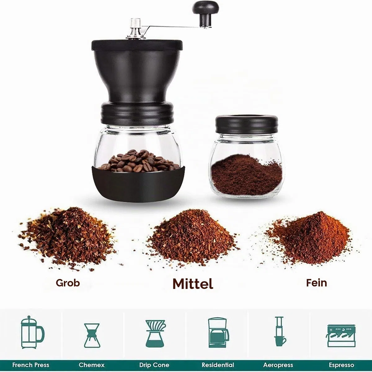 PARACITY Kaffeemühle mit Keramikmahlwerk, Kaffeemühle manuell, mit 2 Gläsern (je 11 oz) Edelstahlgriffe, kaffeemühlen für Filterkaffee, Espresso, French Press