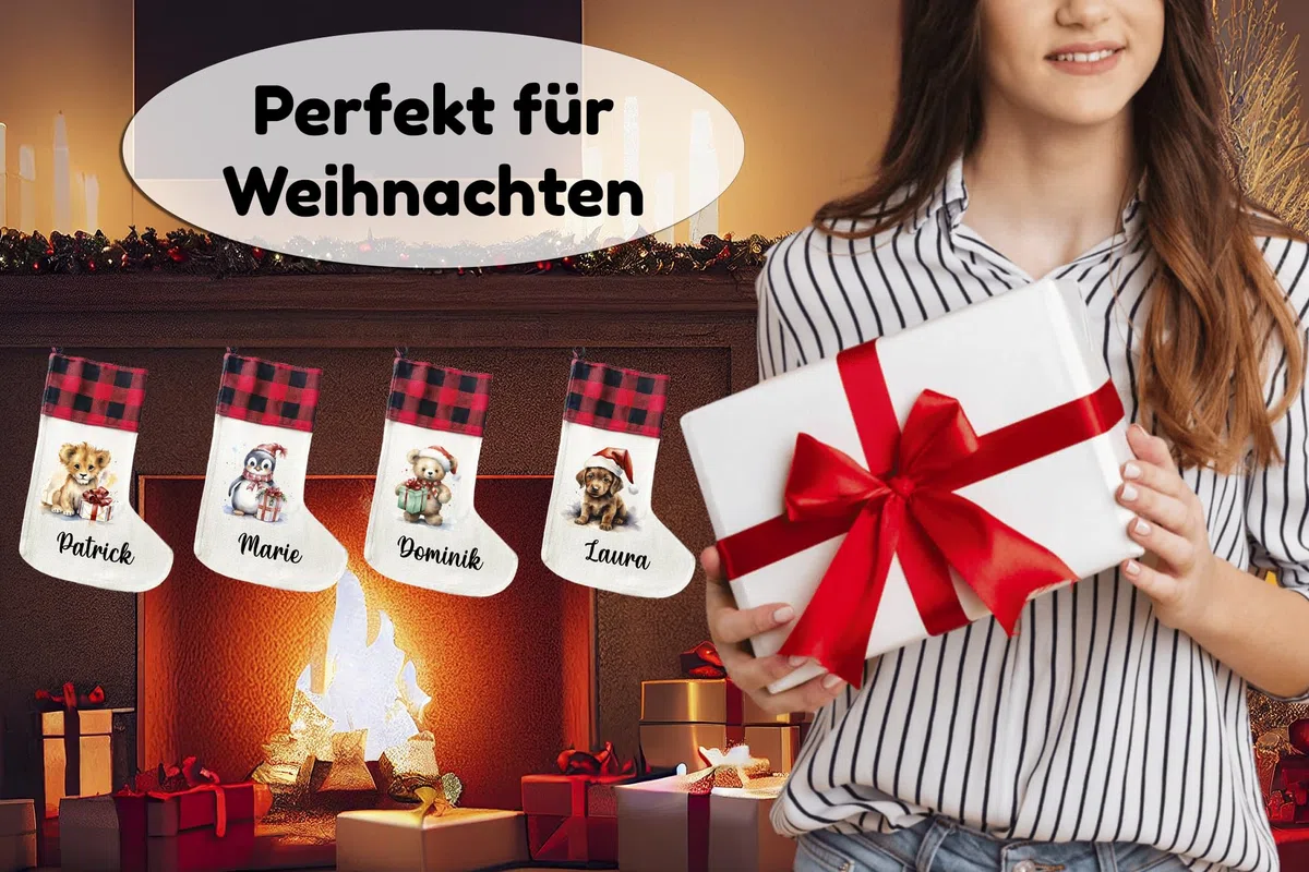LIEBTASTISCH - Personalisierte Weihnachtssocken mit Tieren - 40cm x 30cm - Weihnachtsstrumpf zum Nikolaus oder Weihnachten - Namen - Geschenkbeutel - Nikolausstiefel zum Aufhängen (REH)