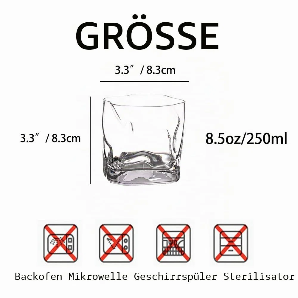 Unregelmäßige Whiskygläser Set Mit 2 Gekippten Falten Scotch Glass 250Ml Modischer Whiskybecher Für Papa, Ehemann, Freunde, Glaswaren Für Bourbon/Rum/Barbecher