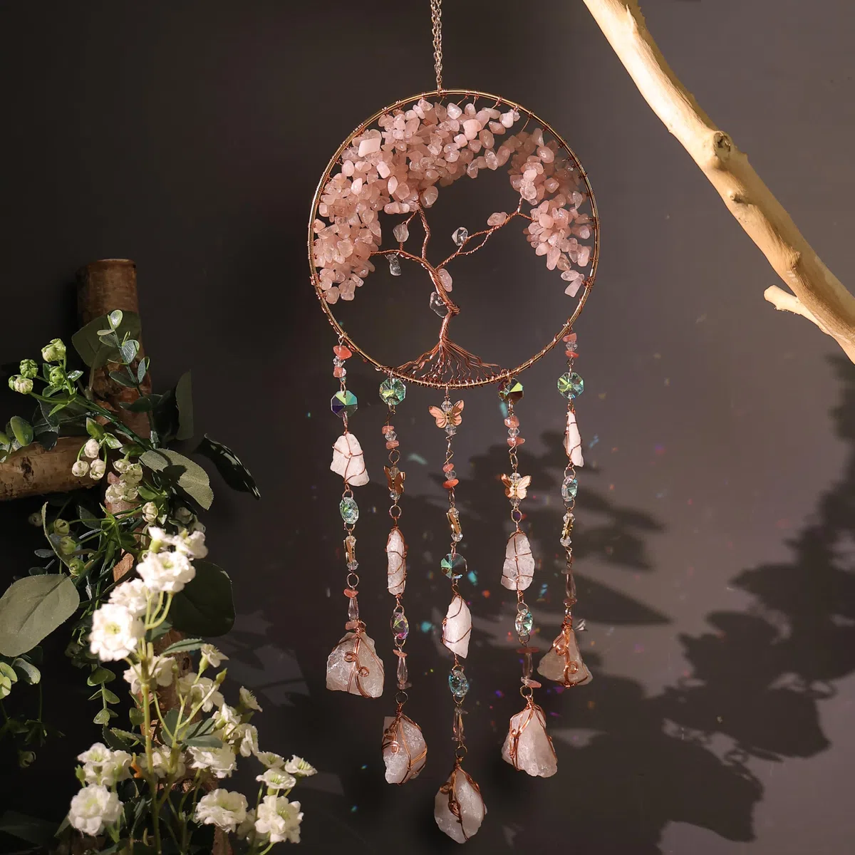 Traumfänger Craft Ornament mit Kristall Achat Farbe Natürlicher Edelstein Achat Wandhänge Zimmer Garten Xmas Hochzeit Dekor (Pink Qingcheng)