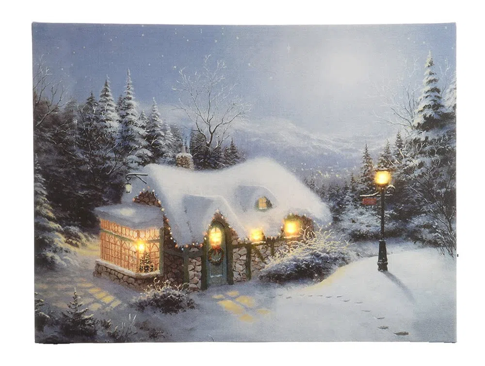 zeitzone LED Bild Weihnachtshaus in den Bergen Leinwand Wandbild 38x58cm