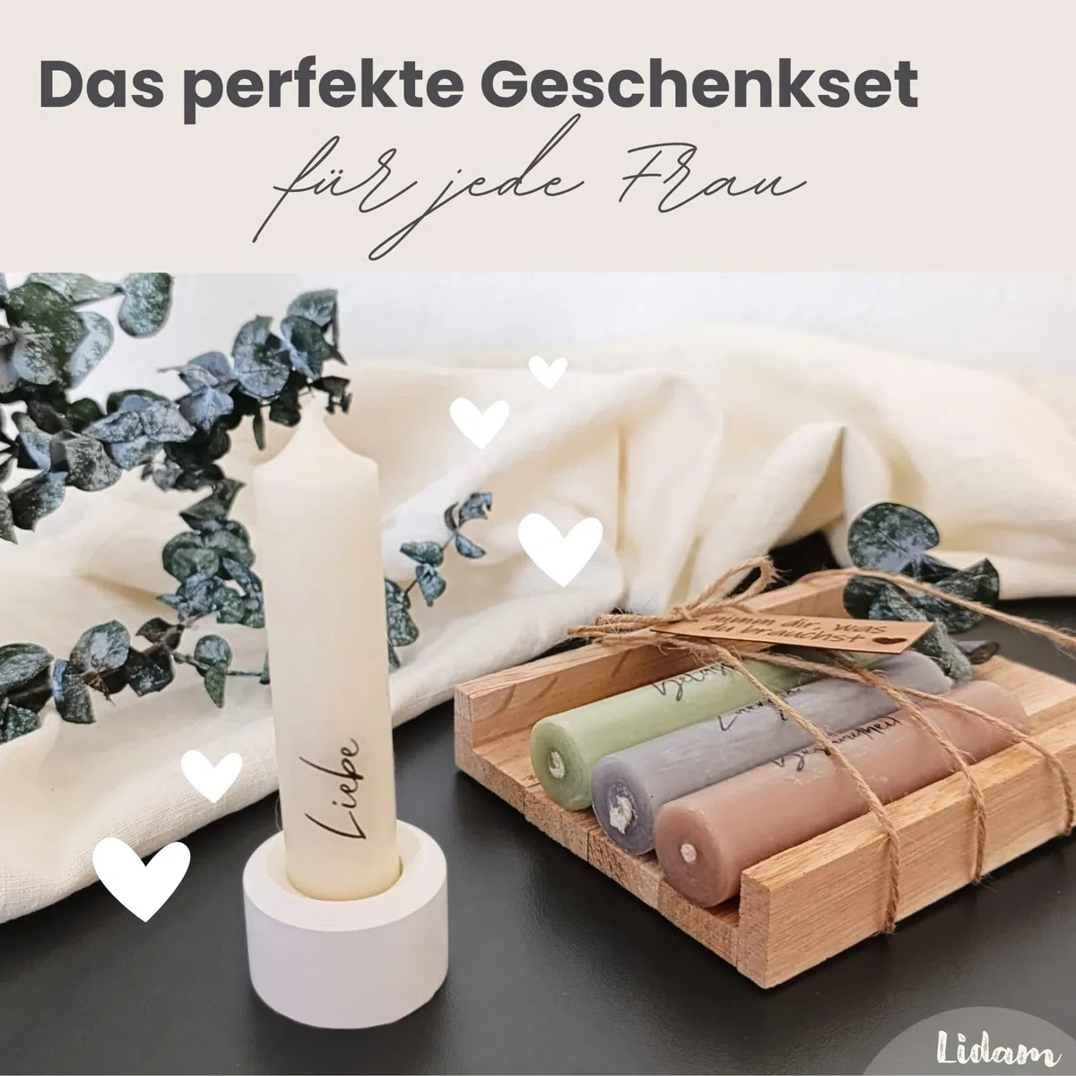 Kerzen Geschenkset Geburtstagsgeschenk für Frauen oder Freundin | nimm dir, was du brauchst | Mitbringsel | Kerzenhalter Holzkiste mit Kerzen Deko und Eukalyptus