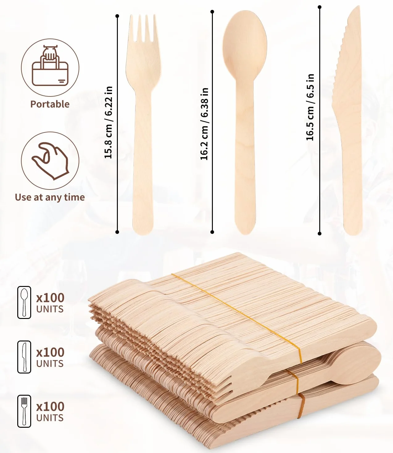 Heuchaey Besteck, Holzbesteck, 300-teilig, 100 Messer, 100 Gabeln, 100 Löffel, Besteck-Set, für Partys und Camping