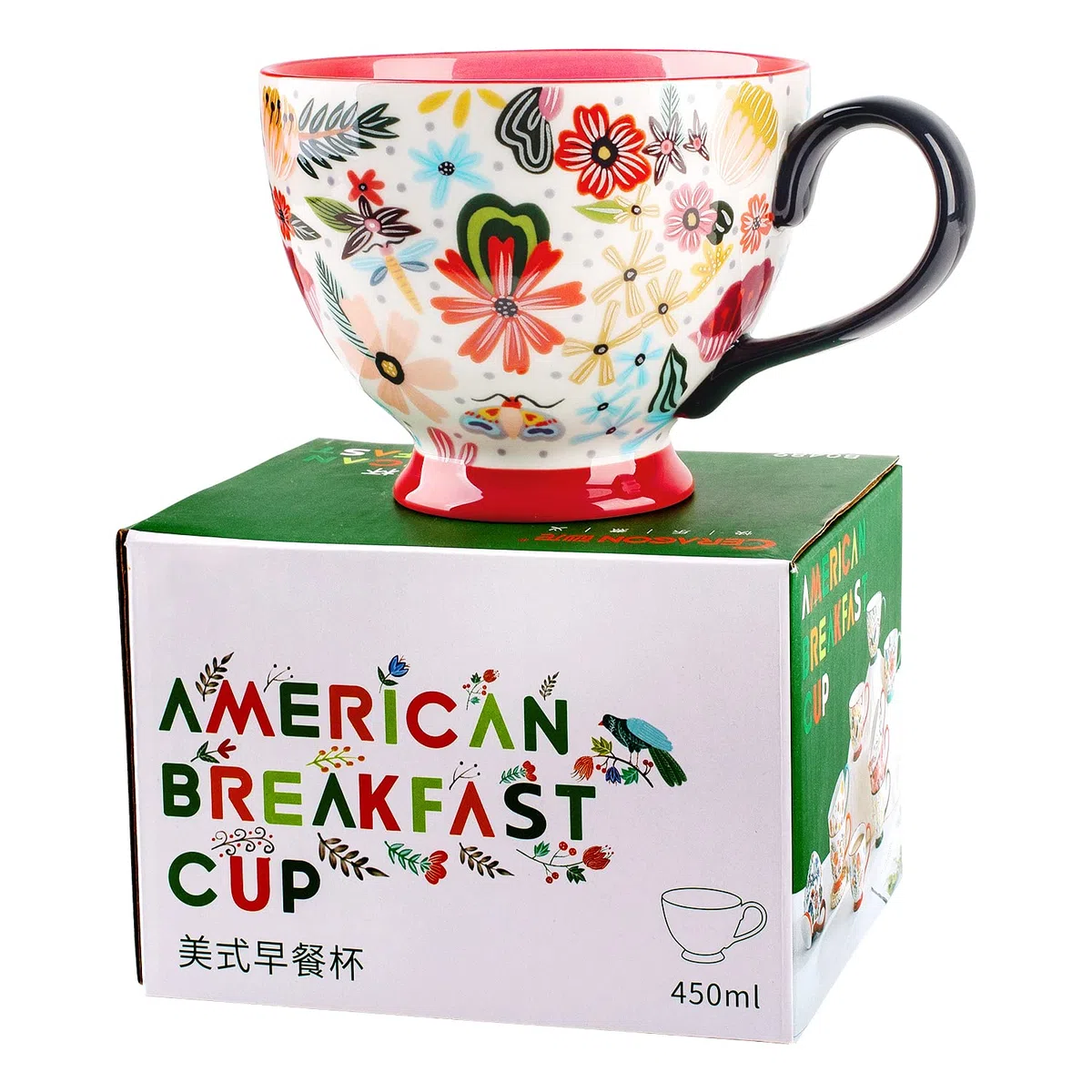 Berry President Handbemalte Keramiktassen mit Blumenmuster, 15 OZ, große Tassen für Milch, Kaffee, Cappuccino, Tee, Kakao, Frühstücks-Haferflockentassen (Bunte Blume rot)