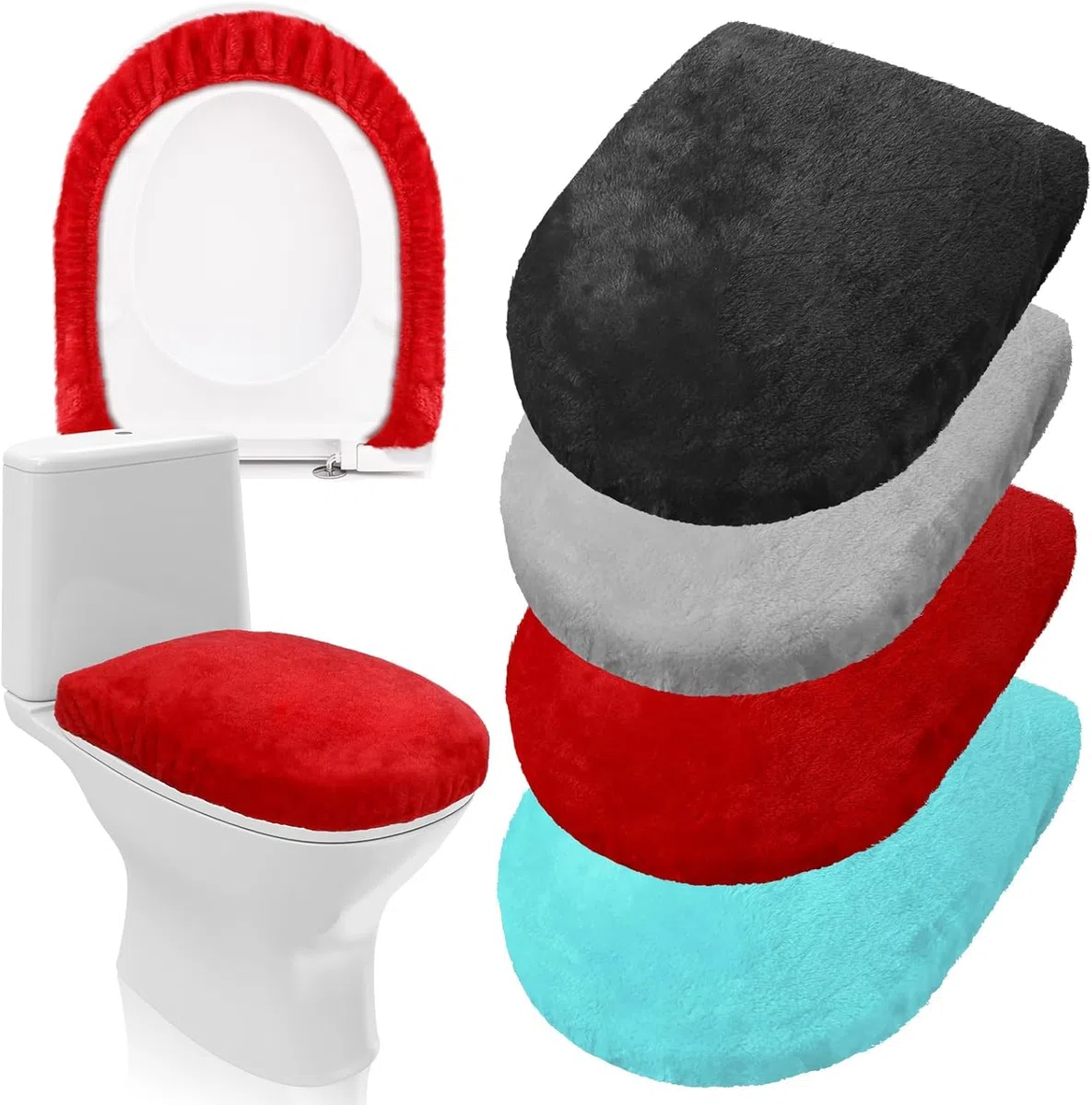 WC-Deckelbezug für Badezimmer - Samt, Weich, Waschbar, Mit Elastischer Unterseite, Passend für Die Meisten Deckel (Leuchtende Farben), 4 Stück