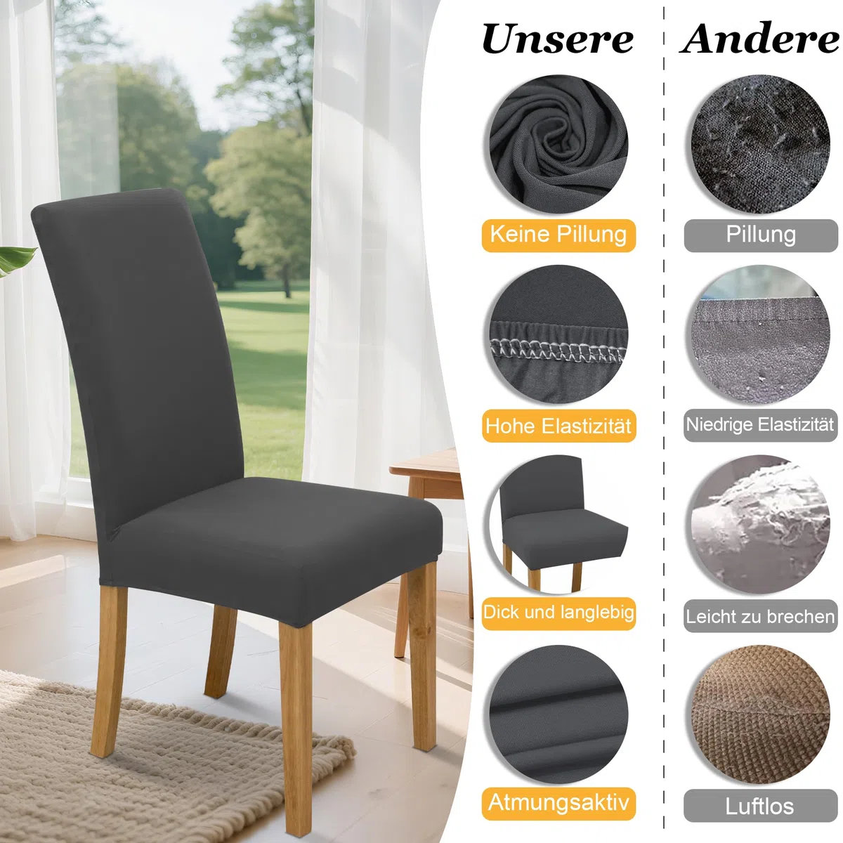 Stuhlhussen Stretch Stuhlbezug Set 4 Stück, elastische abnehmbare waschbare Stuhlhusse für Esszimmerstuhl, Schwingstuhl, Schaukelstuhl, Küche, Wohnzimmer, Büro, Hotel, Restaurant, Bankett