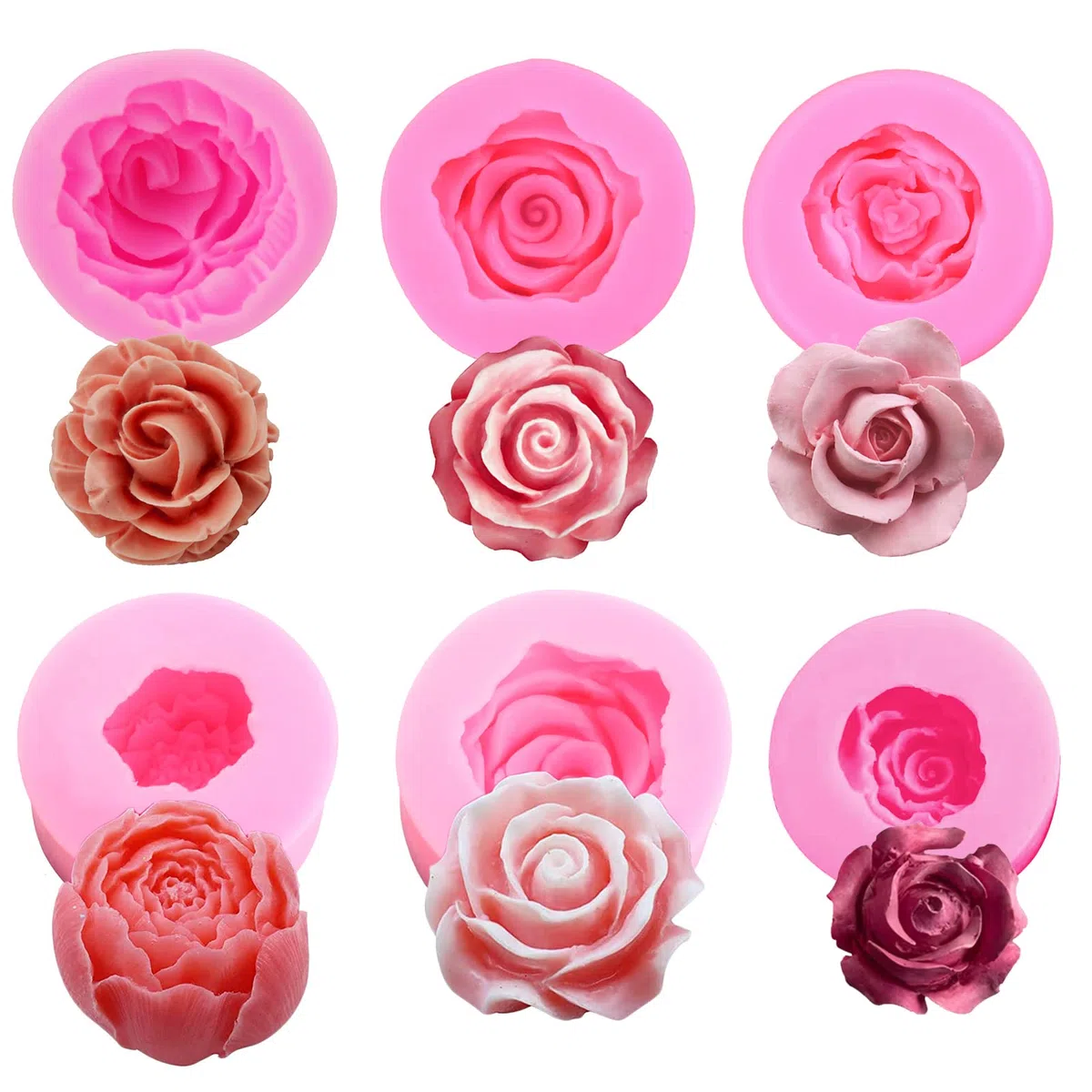 Silikon-Formen-Set, Blume, 3D-Rosenblüte, Fondant, Silikonformen für Seife, Kerzen, Kuchen, Blumenformen für Schokolade, Süßigkeiten, Gebäck, Dessert, 6 Stück, Rosa