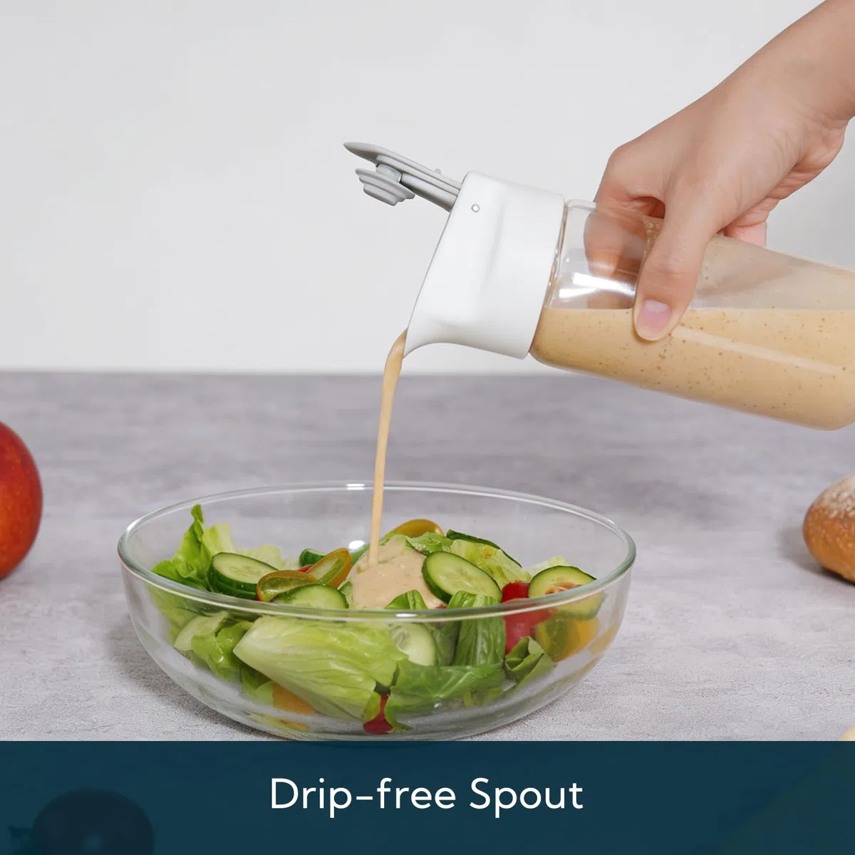 KITCHENDAO Glasflasche für Salatdressings mit Frischeverschluss, tropffreiem Ausgießer, 355 ml Behälter zum Mischen und Dosieren von hausgemachten Öl-Essig-Salatdressings, spülmaschinenfest