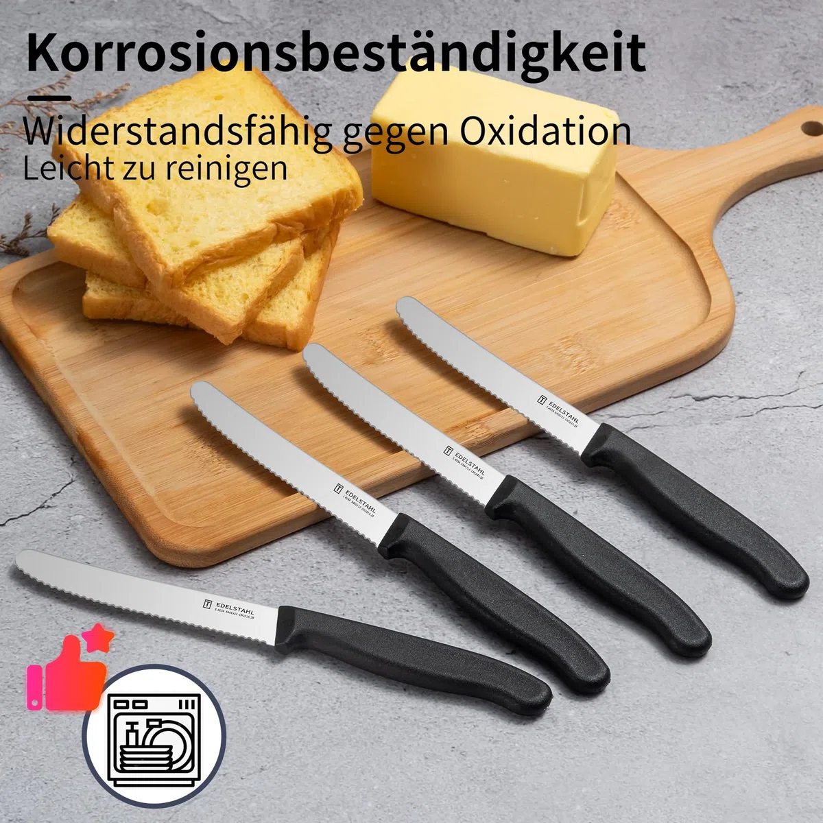 Frühstücksmesser 6 Stück,Hochwertige Edelstahl Tafelmesser,Langlebiges Brötchenmesser,Kunststoffgriff Tomatenmesser Wellenschlif,Schwarzes Brotzeitmesser,Scharfe Messer&Spülmaschinenfest