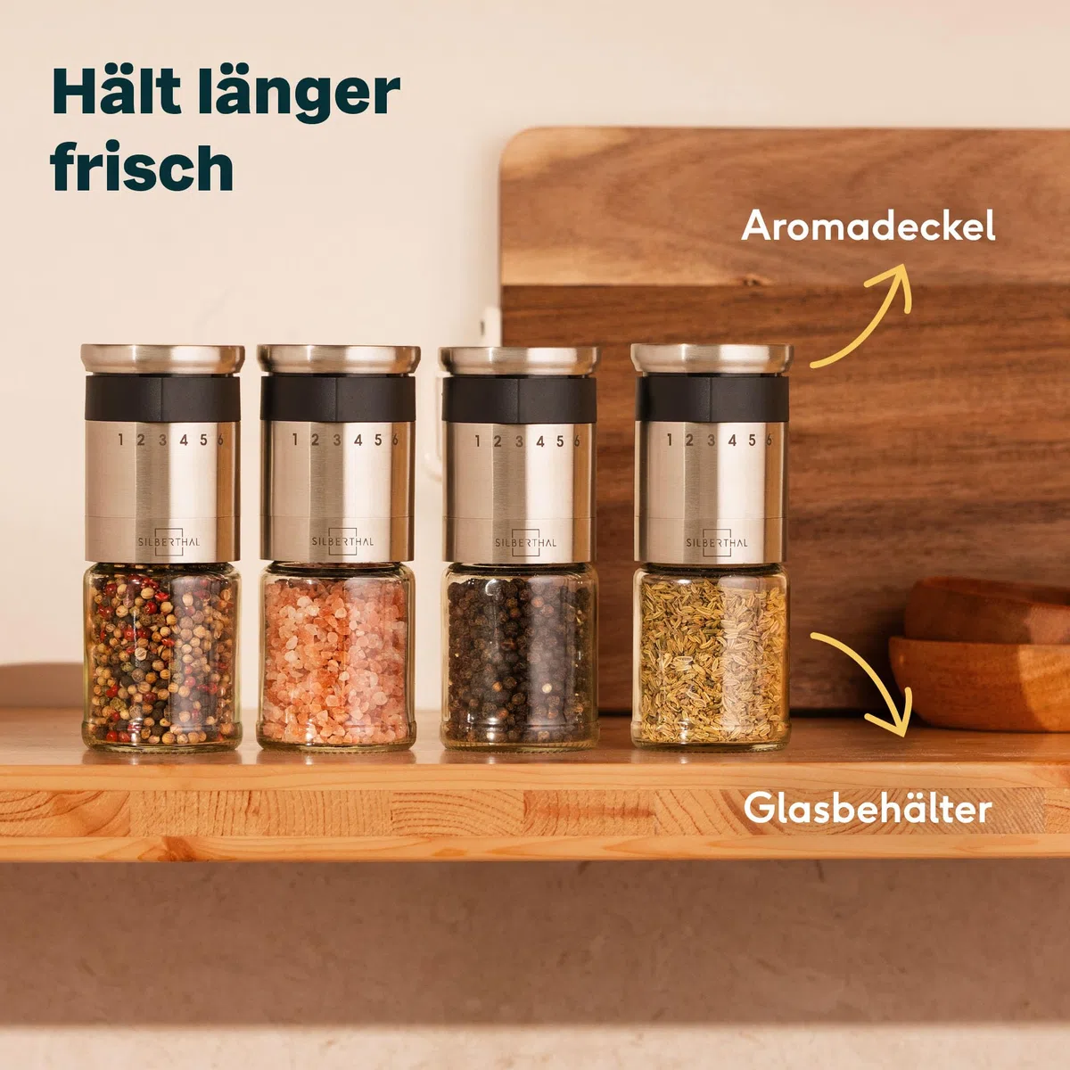 SILBERTHAL Pfeffer- & Salzmühle – Mit außenliegendem Einstellring - 6-Stufen-Mahlwerk, langlebigem Keramikmahlwerk, Aromadeckel und spülmaschinenfestem Glas