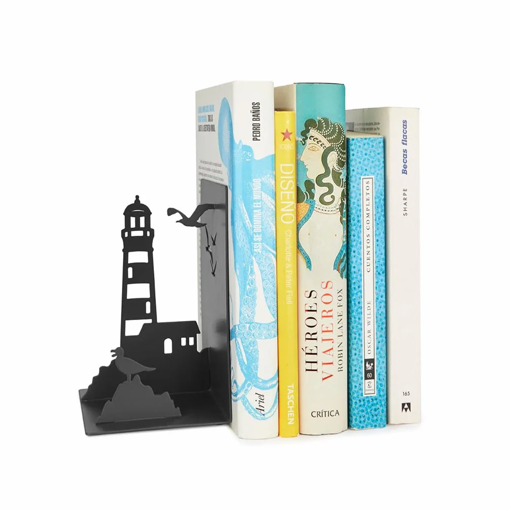 Balvi Buchstützen Lighthouse Farbe Schwarz Klassischer Ausblick auf die Küste: Leuchtturm und Möwen M