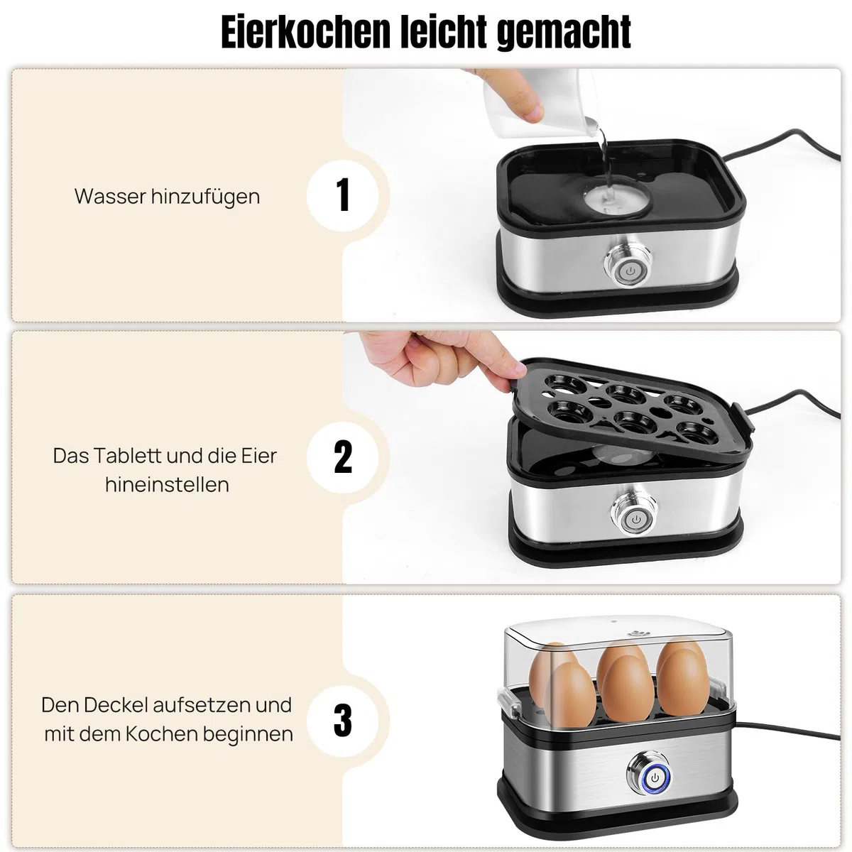 Eierkocher Edelstahl, 6 Eier Kapazität, für weich, mittel und hart gekocht, mit automatischer Abschaltung, herausnehmbarem Tablett, mit Wasserbecher, platzsparender Eierkocher für zu Hause, Küche