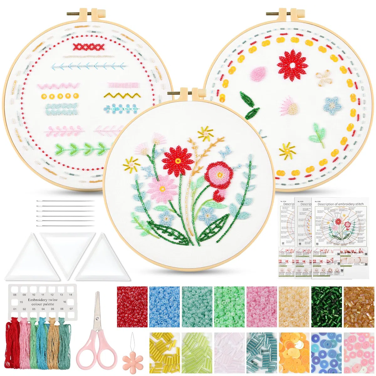 UXORSN Stickset für Anfänger 3 Sets Sticken Set Erwachsene Perlen Pflanzen Blumenmuster Stickerei Set Kreuzstich Kit mit Kunststoff Stickrahmen Anleitung und Werkzeuge DIY Kunst Weihnachten Handwerk