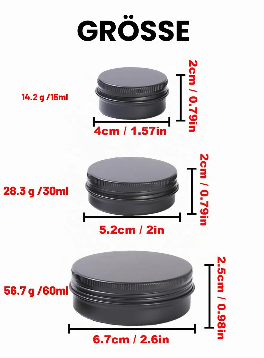 LJY 48 Stück Schwarze Aluminiumdosen mit Schraubdeckel (3 Größen Set) – Runde leere Metalldosen für Kosmetik, Creme, Balsam & Kerzen, 15ml 30ml 60ml Mix