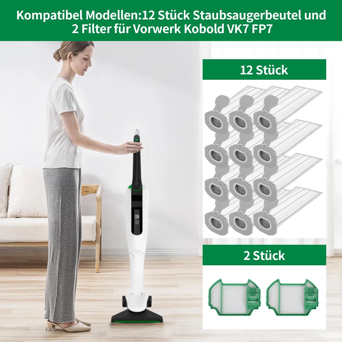 12 Stück Staubsaugerbeutel und 2 Filter für Vorwerk Kobold VK7 FP7 Premium Filtertüten Staubsauger Akku Beutel
