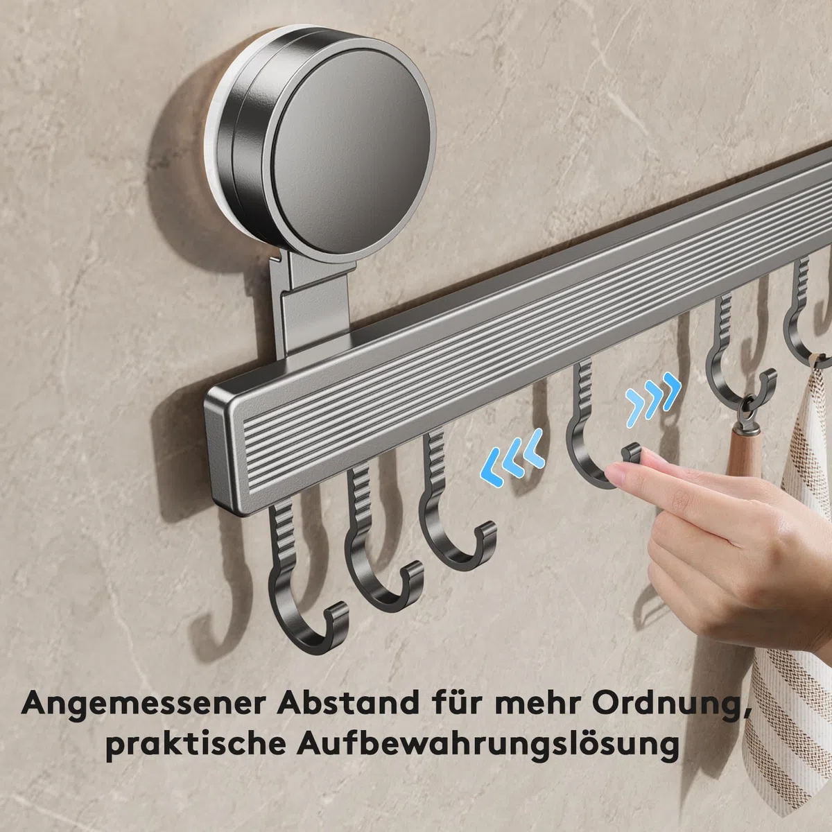 Hakenleiste Küche ohne Bohren mit Saugnapf | 8 Haken, 40 cm lang, 20 kg Tragfähigkeit, 1-Minuten-Installation | Abnehmbare rostfreie hakenleiste für Küchenutensilien