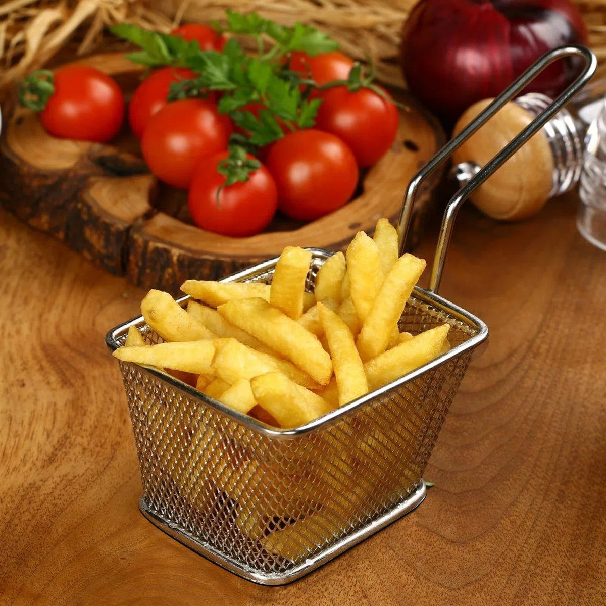 12 Stück Pommes Körbchen, Frittierkorb Silber Friteusenkorb zum Servieren, Klein Edelstahl Pommes Korb mit Griff, Servierkörbchen für Pommes Frites Garnelen Zwiebelringen