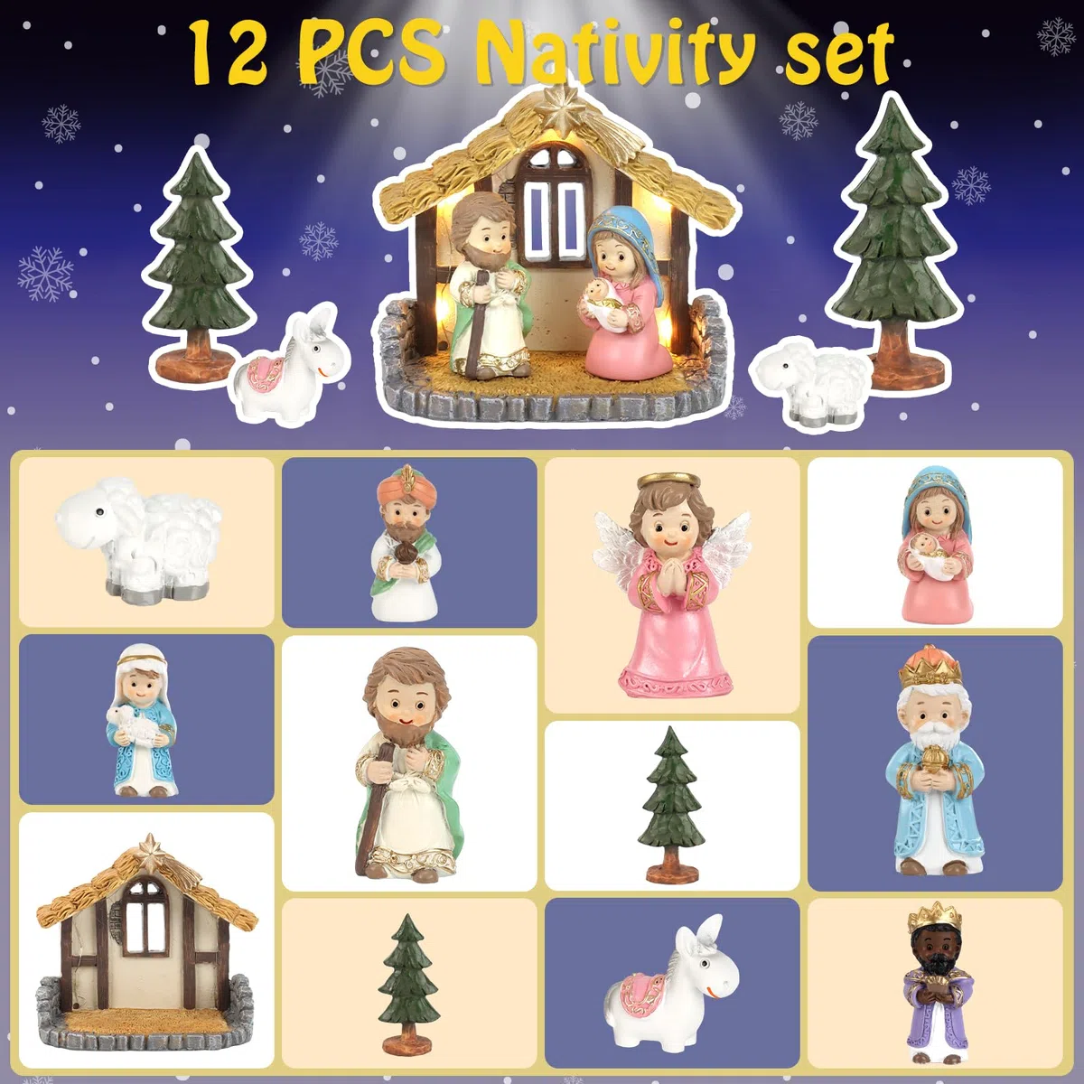 Krippenfiguren Set für Kinder - Weihnachtskrippe Mit Beleuchtung – 12Pcs Kleinkindspielzeug mit kleinen Figuren und Spielsets – Weihnachtskrippe Komplettset für Jungen und Mädchen ab 3 Jahren