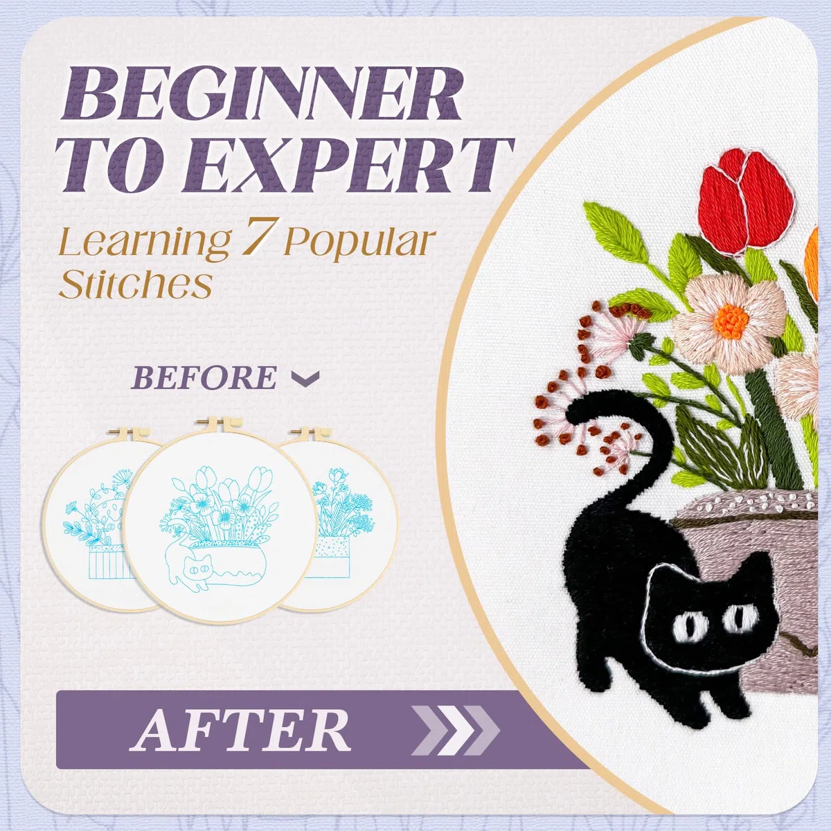 WIVLAX Handstickset für Erwachsene & Anfänger – Stickrahmen Set mit floralem Katzenmuster, inkl. Garn + Nadeln – DIY Näh-Geschenkset für Hobby & Entspannung