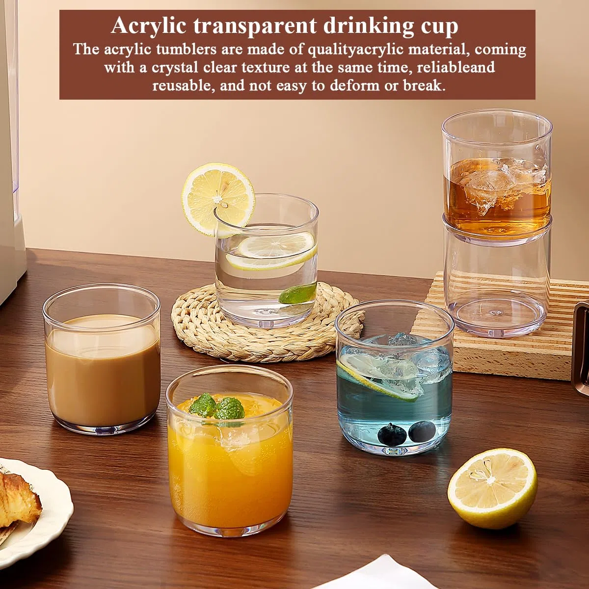 Kyraton Whiskygläser Set aus 6, Old Fashioned PET Klarglas Kunststoff 340ml (11,5oz) Robuste Unzerstörbare Trinkgläser für Bier, Saft, Milch, Scotch, Wodka Likör, Bourbon, Cocktail​.