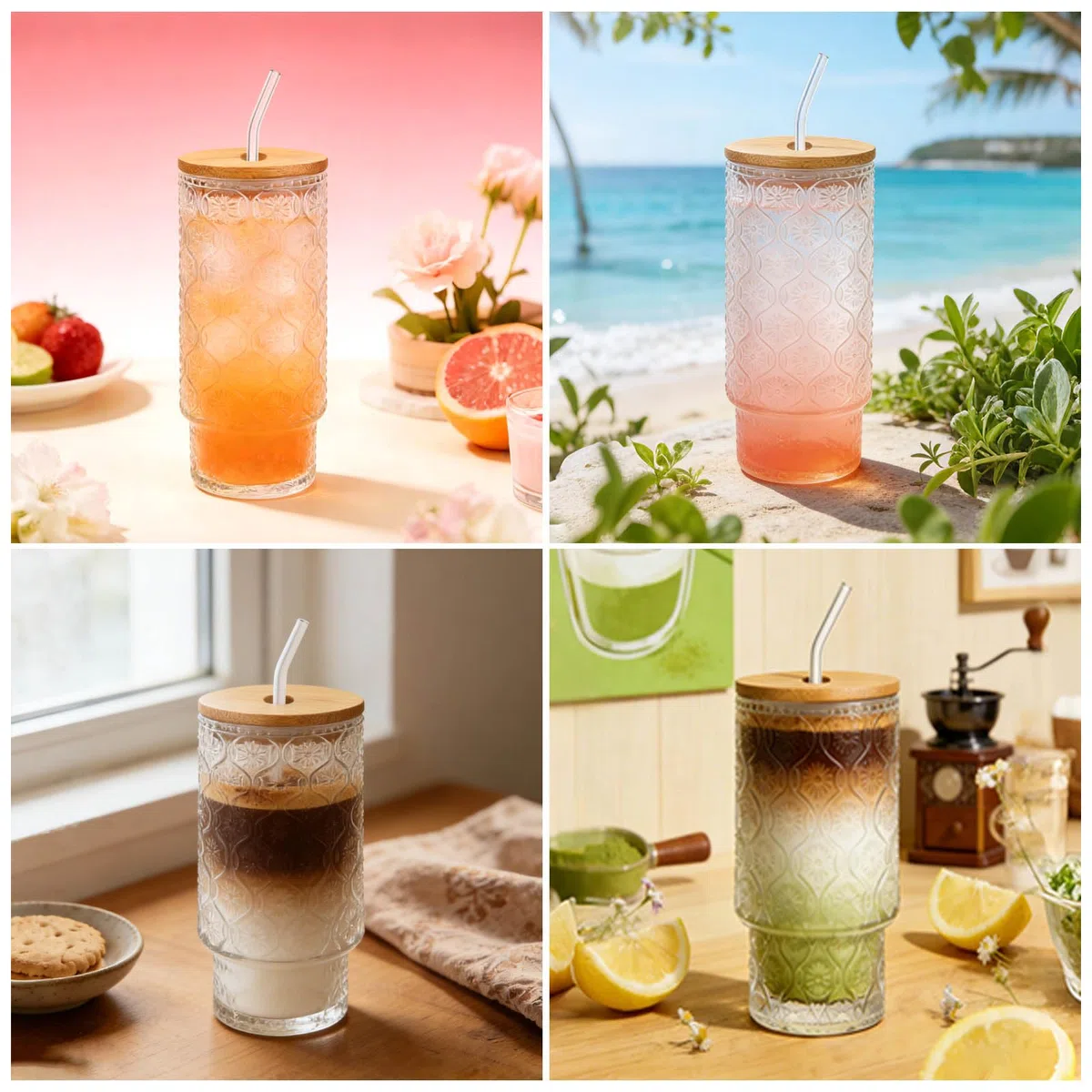 4 Stück Trinkgläser Set mit Glas Strohhalm 320 ml,Trinkglas mit Deckel, Eiskaffee Gläser, Longdrinkgläser Set, Kaffeegläser, Wassergläser, Biergläser für Cocktail, Wasser, Soda, Cocktails