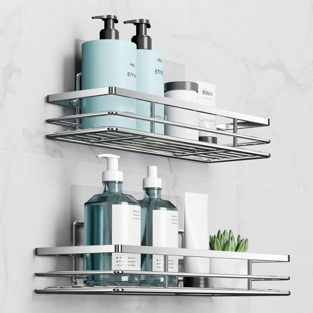saffruff Duschablage Ohne Bohren 2 Stück Duschregal Duschkorb Badezimmer Organizer Badezimmer Regal Badregal Shampoo Halterung Dusche Küche Bathroom Rrganizer mit 2 Klebeflächen Silber