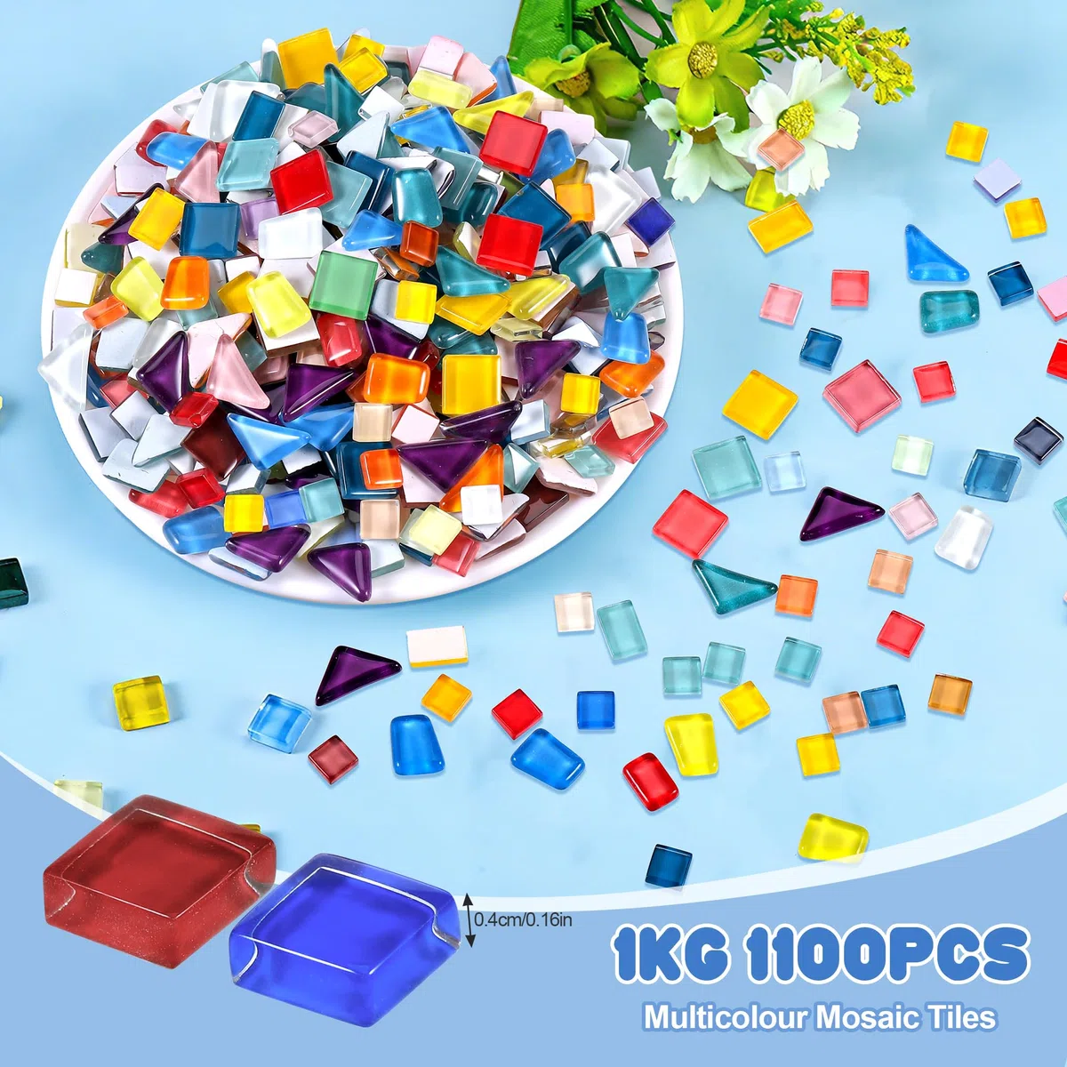 1 kg Mosaiksteine zum Basteln, 1 x 1 cm Quadratische Bunte Kristall-Mosaik-Fliesen, Mosaik Steine für DIY-Vasen, Fotorahmen, Tassen und zur Dekoration von Badezimmern (Bunt – Mehrförmig)