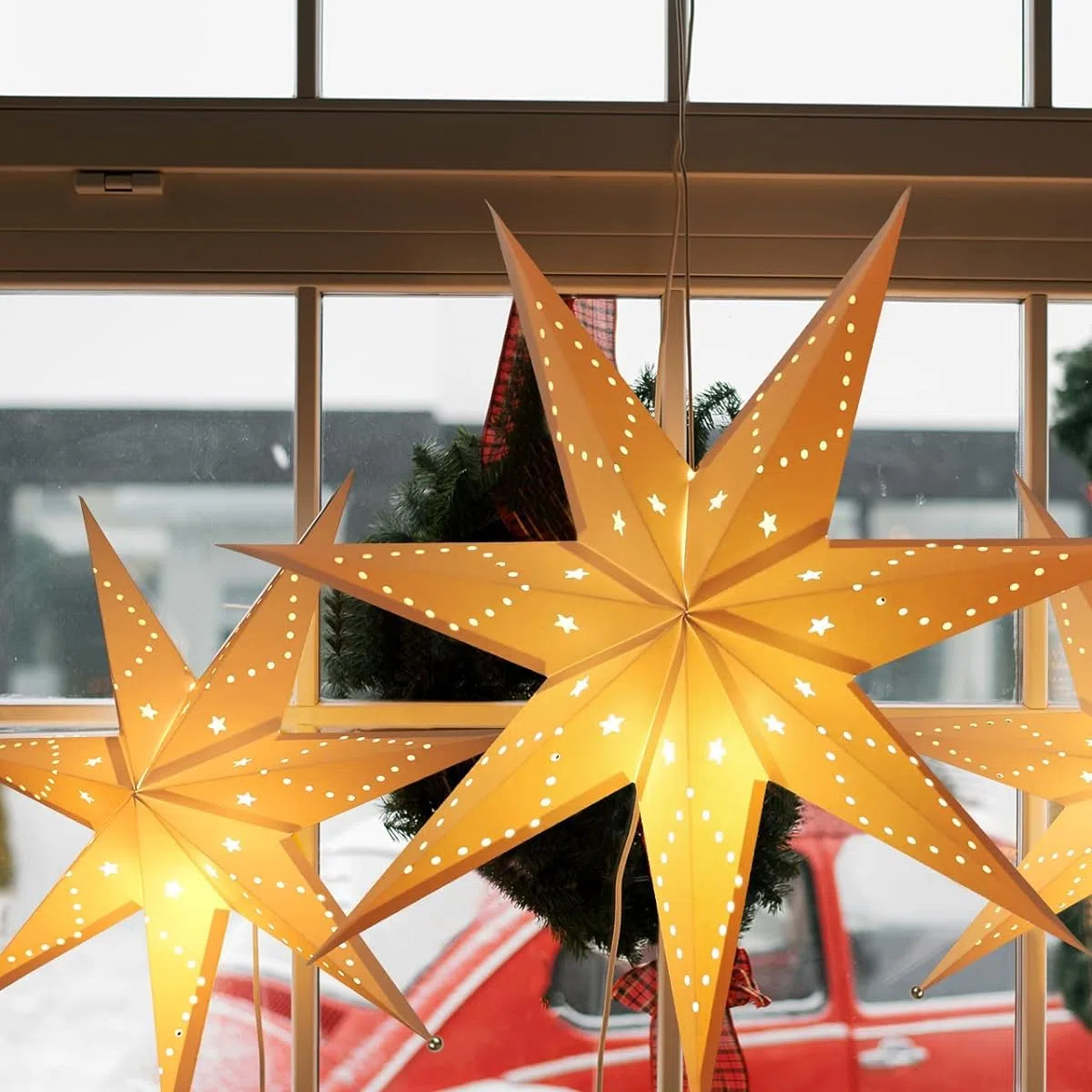 SALCAR 55cm LED Papierstern Beleuchtet zum Aufhängen, Advents Leuchtstern Fenster mit Warmweiß E14 Lampe, 3D Weihnachtsstern Fensterdeko Weihnachten - Weiß Papierstern