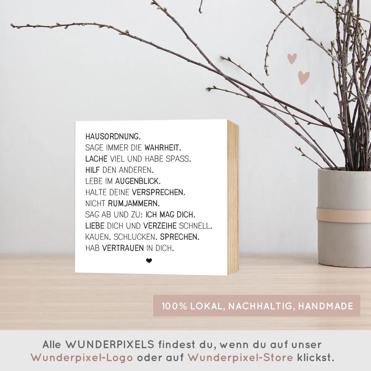 Wunderpixel® Holzbild Hausordnung - 15x15x2cm zum Hinstellen/Aufhängen, Spruch auf Holz - schwarz-weißes Wand-Bild Aufsteller zur Dekoration Zuhause oder als Geschenk-Idee