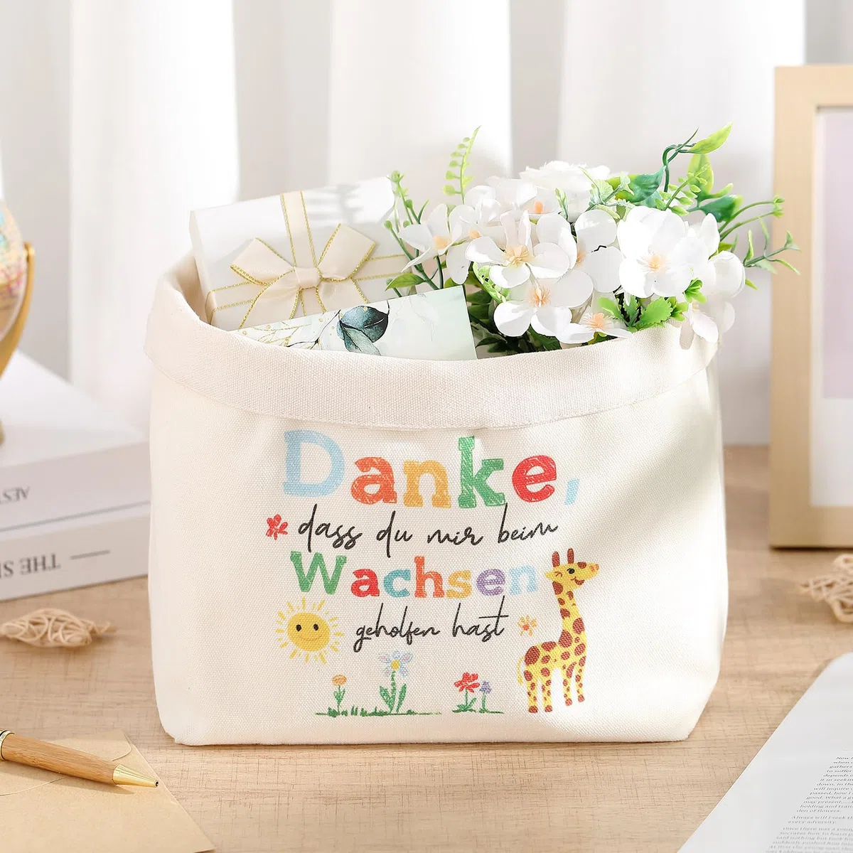 Sinmoe Abschiedsgeschenk Lehrerin Brotkorb Stoff Danke, dass du mir beim Wachsen geholfen hast Geschenkkorb Leer Dankeschön Geschenk Verpackung für Erzieherin Kindergarten Lehrer Grundschule(Giraffe)