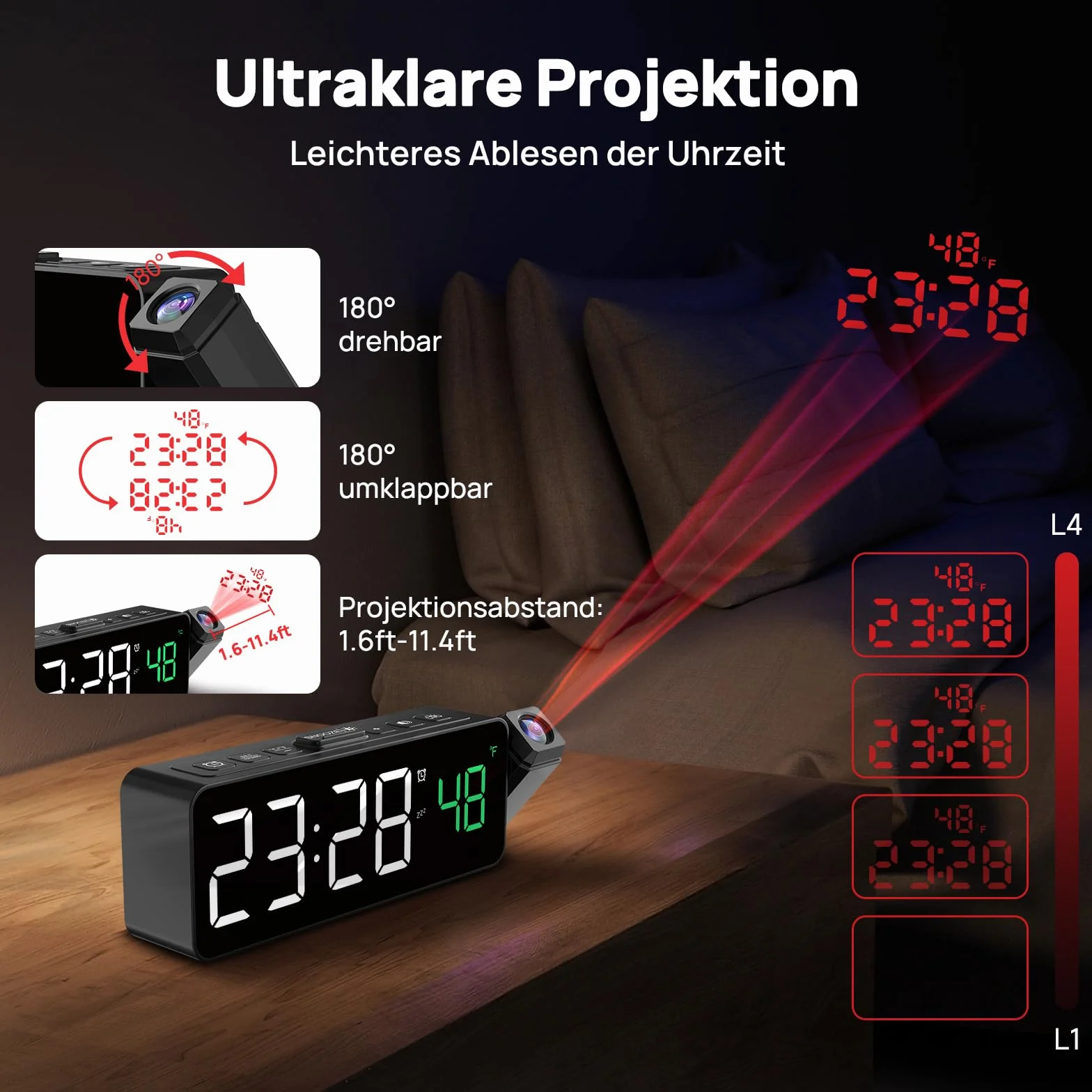 Netzu Projektionswecker für Decke Wände, Digitaler Wecker mit 180° Projektor, Temperaturanzeige, LED-Anzeige, 4 Helligkeit, 3 Lautstärke, 9-Min-Schlummer, 12/24H, Wecker mit Projektion