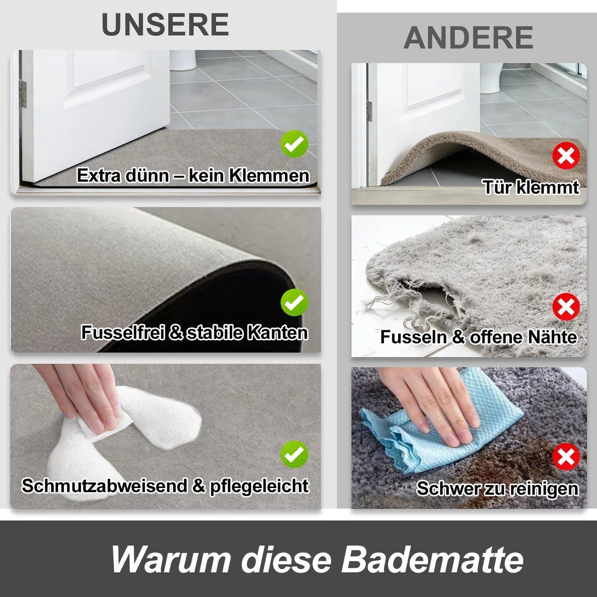 rutschfeste Badematte Super Absorbierende Badezimmerteppich: dünn 40 x 60 cm Waschbar schnelltrocknende Badvorleger Duschvorleger für Dusche, Badewannen und Badezimmer, Toilette, grau