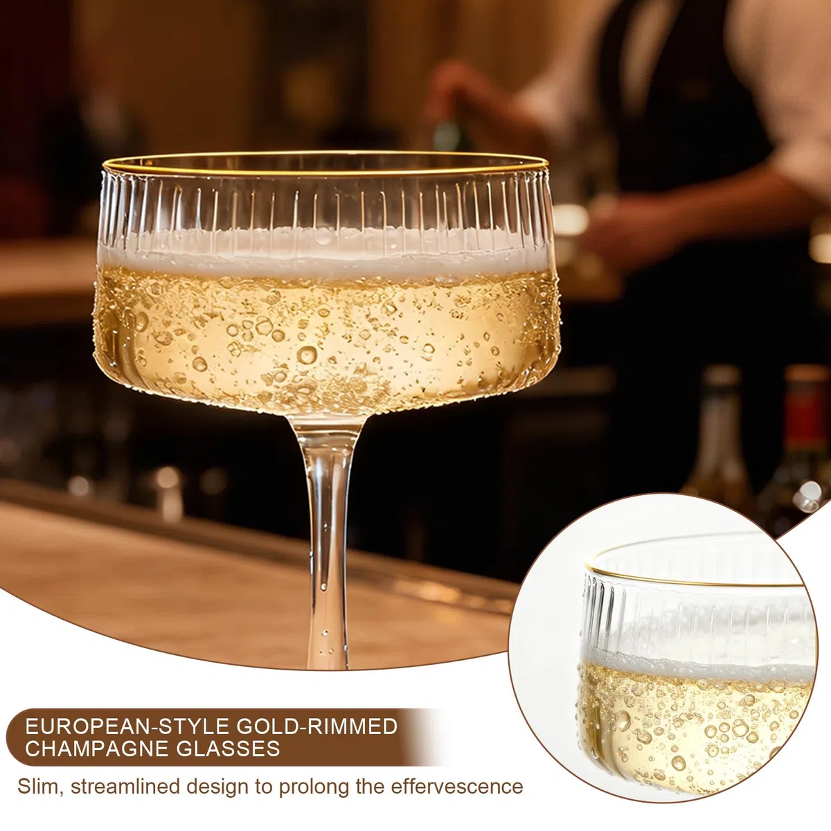 Sektschalen 4er Set,260 ml Champagnerschalen mit Goldrand,Vintage Coupe Gläser aus bleifreiem Glas für Champagner,Sekt,Prosecco und Cocktails,Geriffelte Cocktailgläser