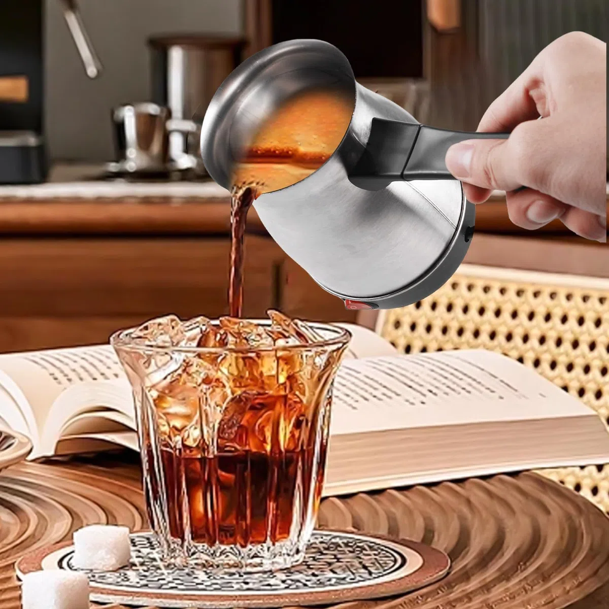 Elektrische Türkische Kaffeekanne, 800ML 800W Türkische Kaffeemaschine mit Griff, Edelstahl Kaffeekessel, Mokkakanne, Mehrzweck-Schnellkessel Kaffeekocher für Zuhause,Büro,Mocca & Tee,Reisen (Silber)
