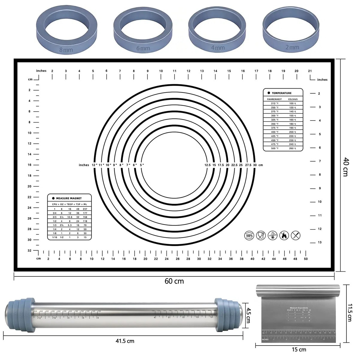 Nudelholz Edelstahl Verstellbar, Teigroller mit Abstandshalter 4 Dickenstufen, Antihaft Rostschutz - 42cm mit Silikon Teigunterlage & Teigspachtel, alle mit Messmarkierung - Für Pizza, Gebäck, Kuchen