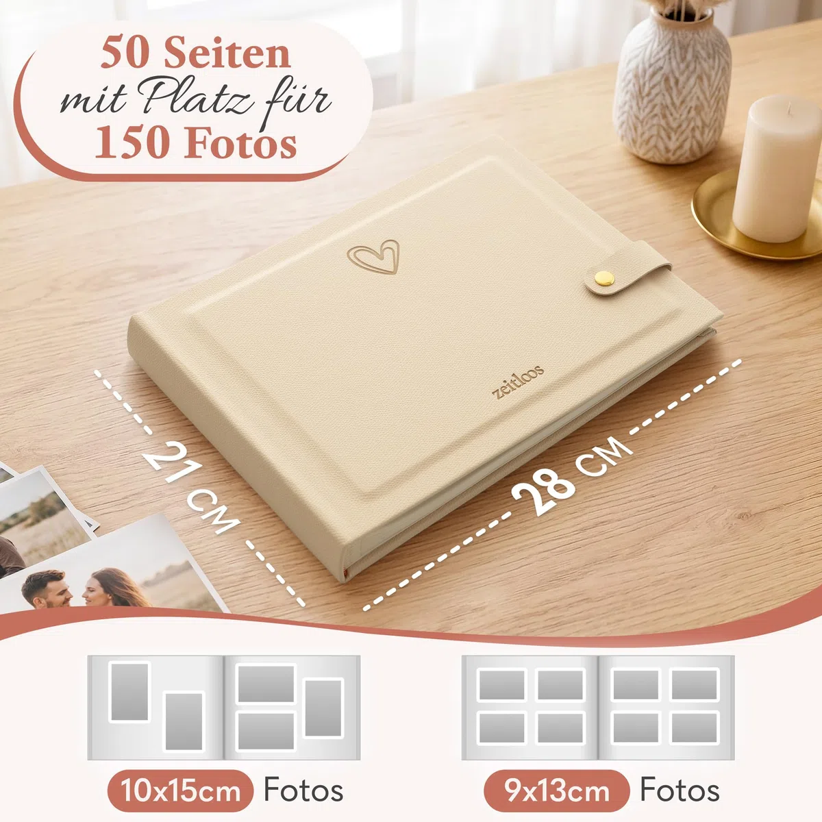 Zeitloos Fotoalbum zum Einkleben - Platz für 150 Fotos - herz - Fotobuch 21 x 28 cm in Beige - 50 weiße Seiten - Fotoalben sind das perfekte Geschenk.