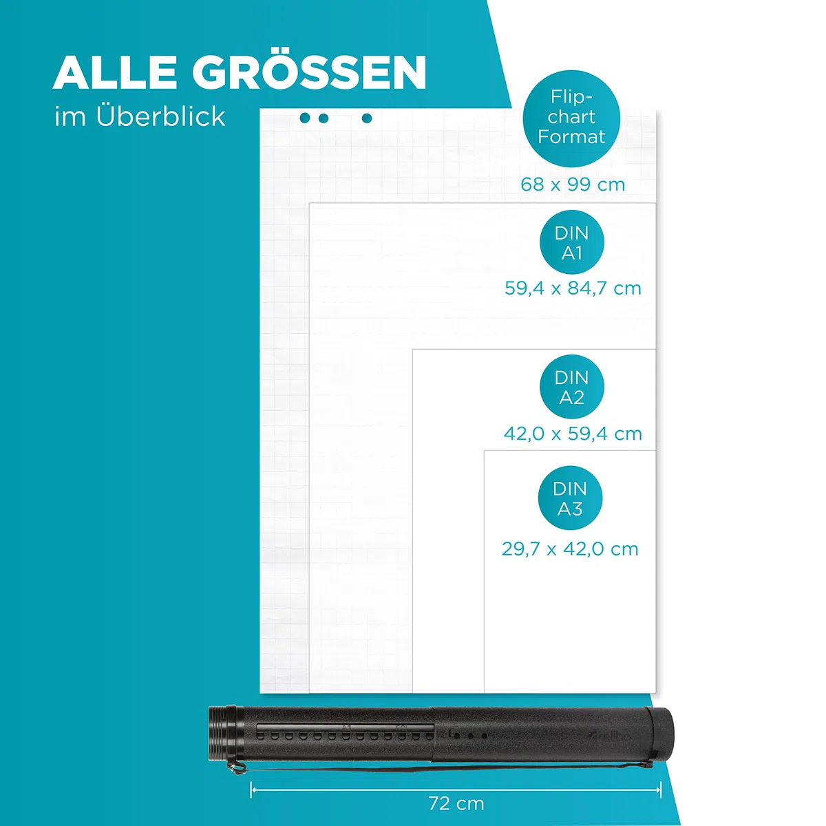 Transportrolle für Flipchart-Papier - Kompakte Posterrolle für Transport und Aufbewahrung, Für DIN A1 - A3 & Flipchart-Format | mit Tragegurt und Verstellbarer Länge | Schwarz