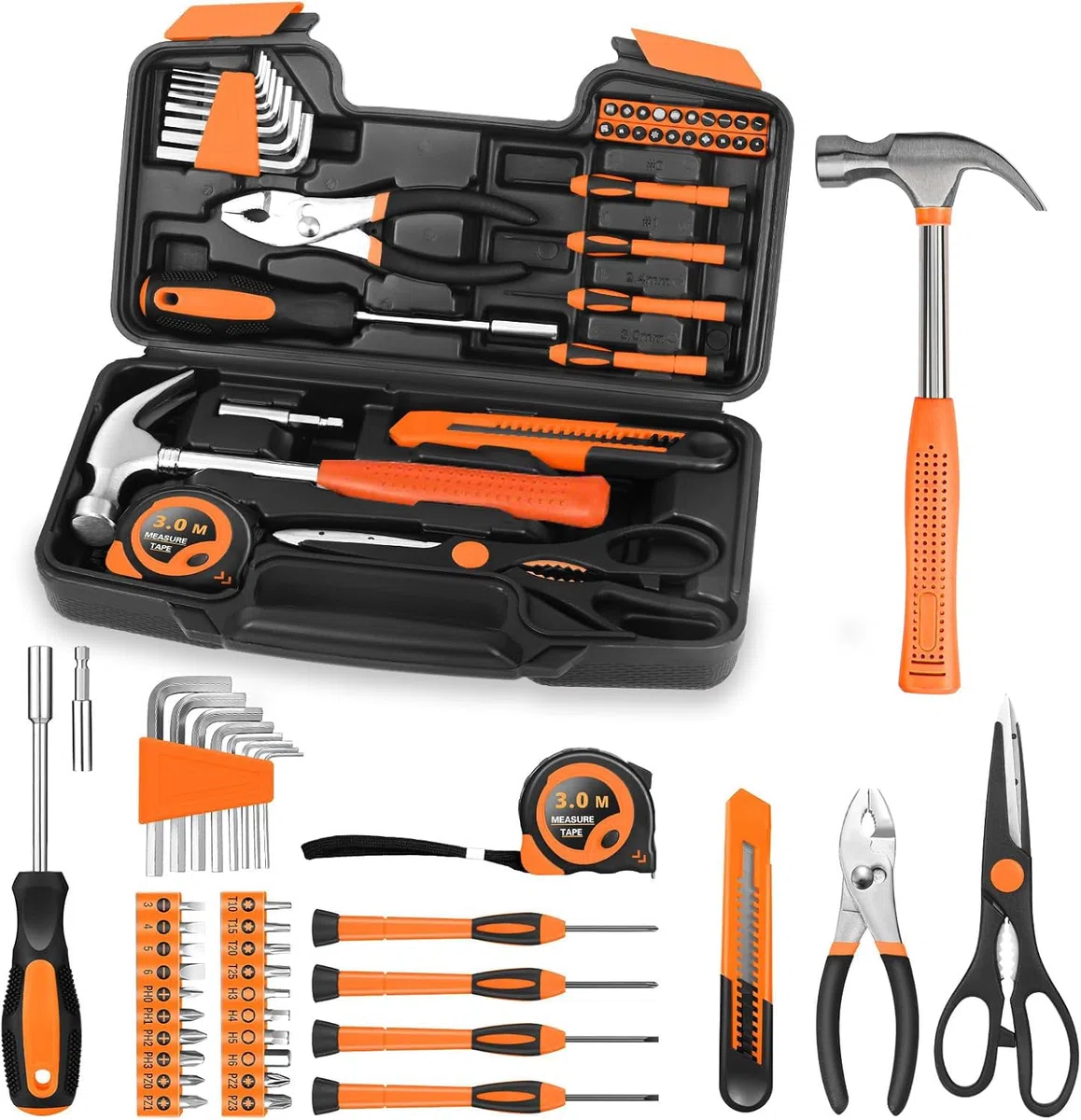 Werkzeugset 39-tlg. Werkzeugkoffer für Damen Herren Reparaturen Haushalts Heimwerken Werkzeug-set – Werkzeugkasten mit Schraubenzieherset und Hammer – Ideal für Haushalt Werkstatt DIY Orange