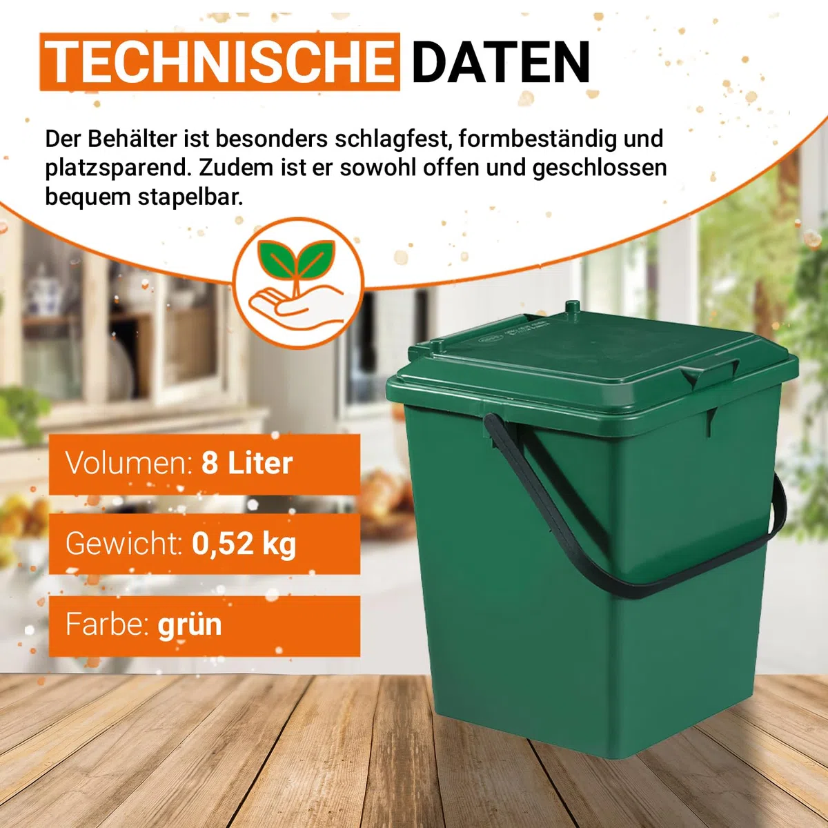 GARANTIA Bio-Eimer 8 Liter grün - Biomülleimer Küche, Komposteimer Küche, Bio Mülleimer, Komposter, Abfall & Recycling, Küchenabfalleimer, Biomüll, Biomülleimer Küche Klein, Kompost, Bioeimer