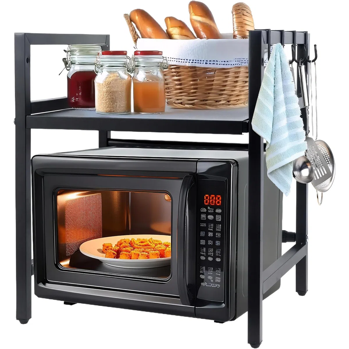 Erweiterbares Mikrowellen Regal 2 Stufig mit 6 Haken,Mikrowellenregal Küchenregal Teleskopregal Ausziehbar von 42-64cm,Arbeitsplatte Bäckerregale Gewürzregal Organizer für Küchen (Schwarz-2)
