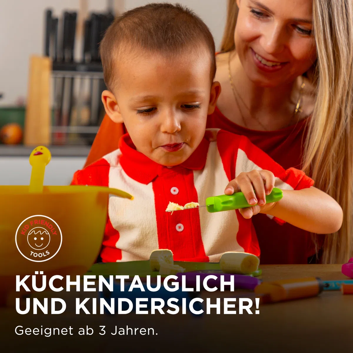 KUHN RIKON Kinderkitchen Kindermesser Set (2-teilig), Kinder-Küchenmesser ab 3 Jahren, Messerset mit Fingerschutz, Edelstahl Klinge (Grün/Blau)