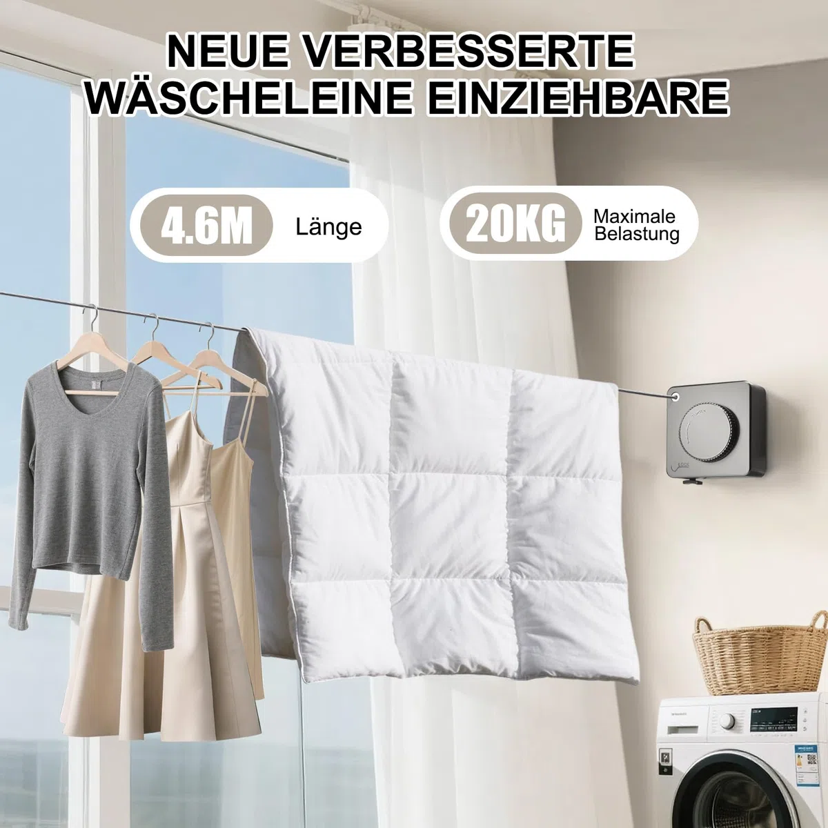 LIVEHITOP Wäscheleine Ausziehbar, Wandmontage Wäscheleine Einziehbare Nicht Durchhängend Edelstahl 4.6M Verstellbares Drinnen DraußEn (Grau)