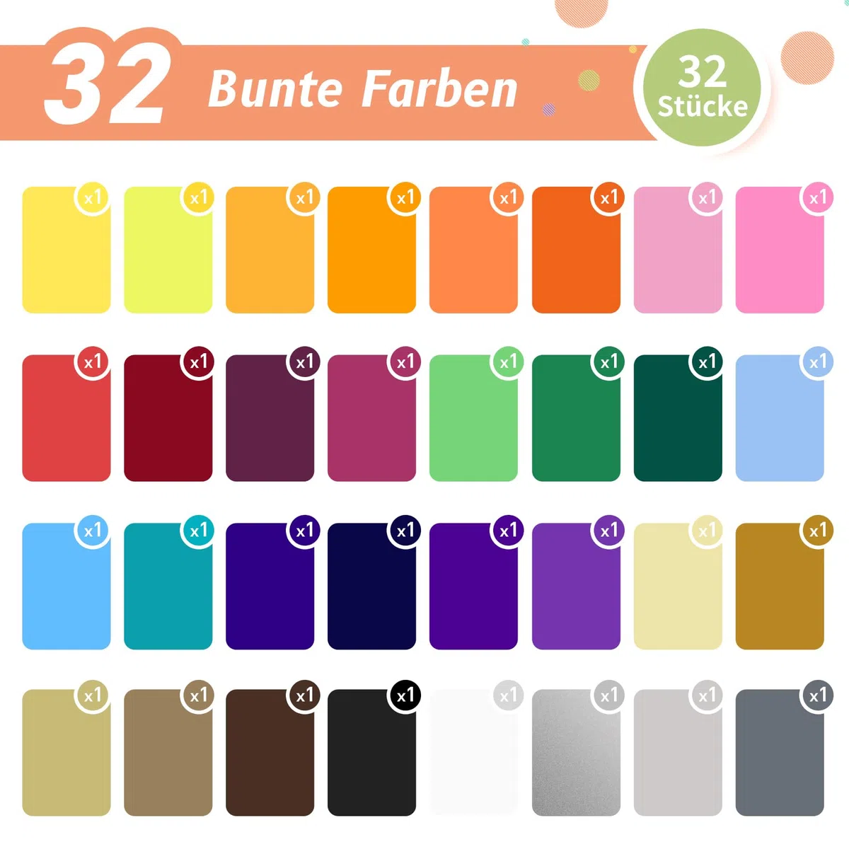 moinkerin 32 Farben Plotterfolie Textil mit Pinzette 30.5X20.5cm Bügelfolie für Textilien Flexfolie Plotter Textil für T-Shirt, Kleidung, Hüte oder Andere Stoffe (32 Stücke)