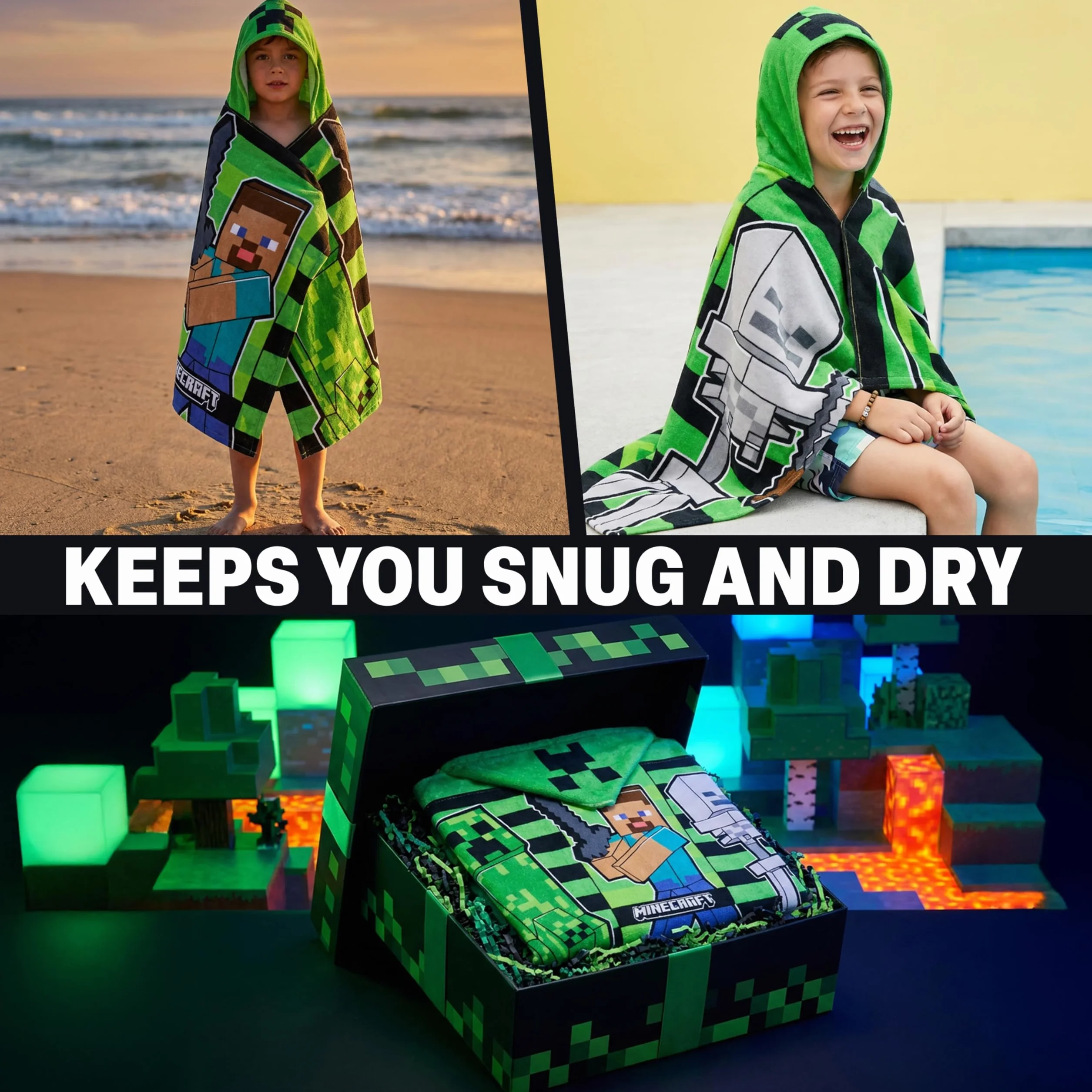 Minecraft Badetuch Kinder Kapuzenhandtuch Kinder Teenager Saugfähiger Creeper Badeponcho Mädchen Jungen für Strand Pool Schwimmen Gamer Geschenk (Grün/Schwarz, 6-14 Jahre)