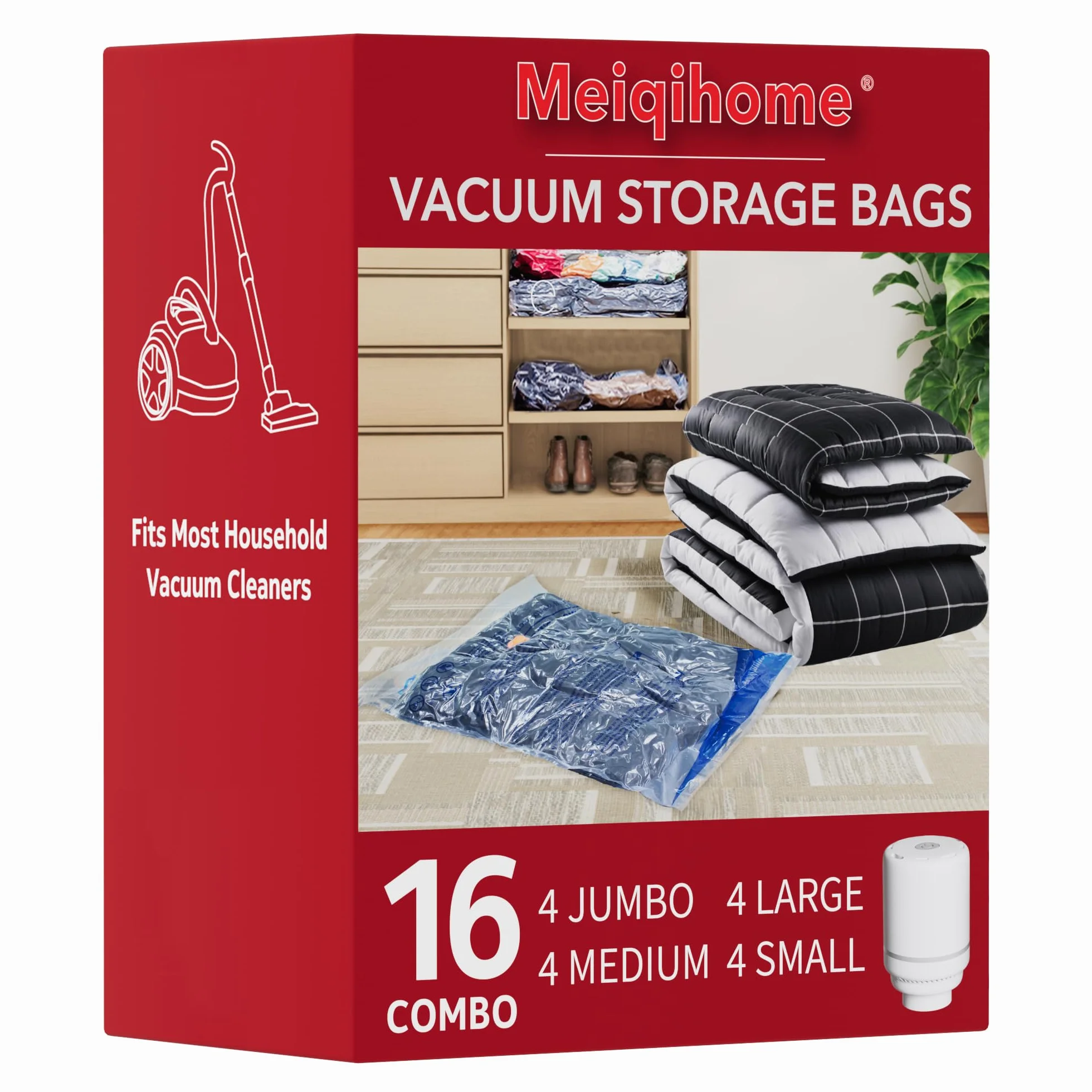 MEIQIHOME 16er Set Vakuumbeutel mit Elektrischer Pumpe – 4J/4L/4M/4S – Kompressionsbeutel für Kleidung, ideal für Umzug, Reise, Lagerung