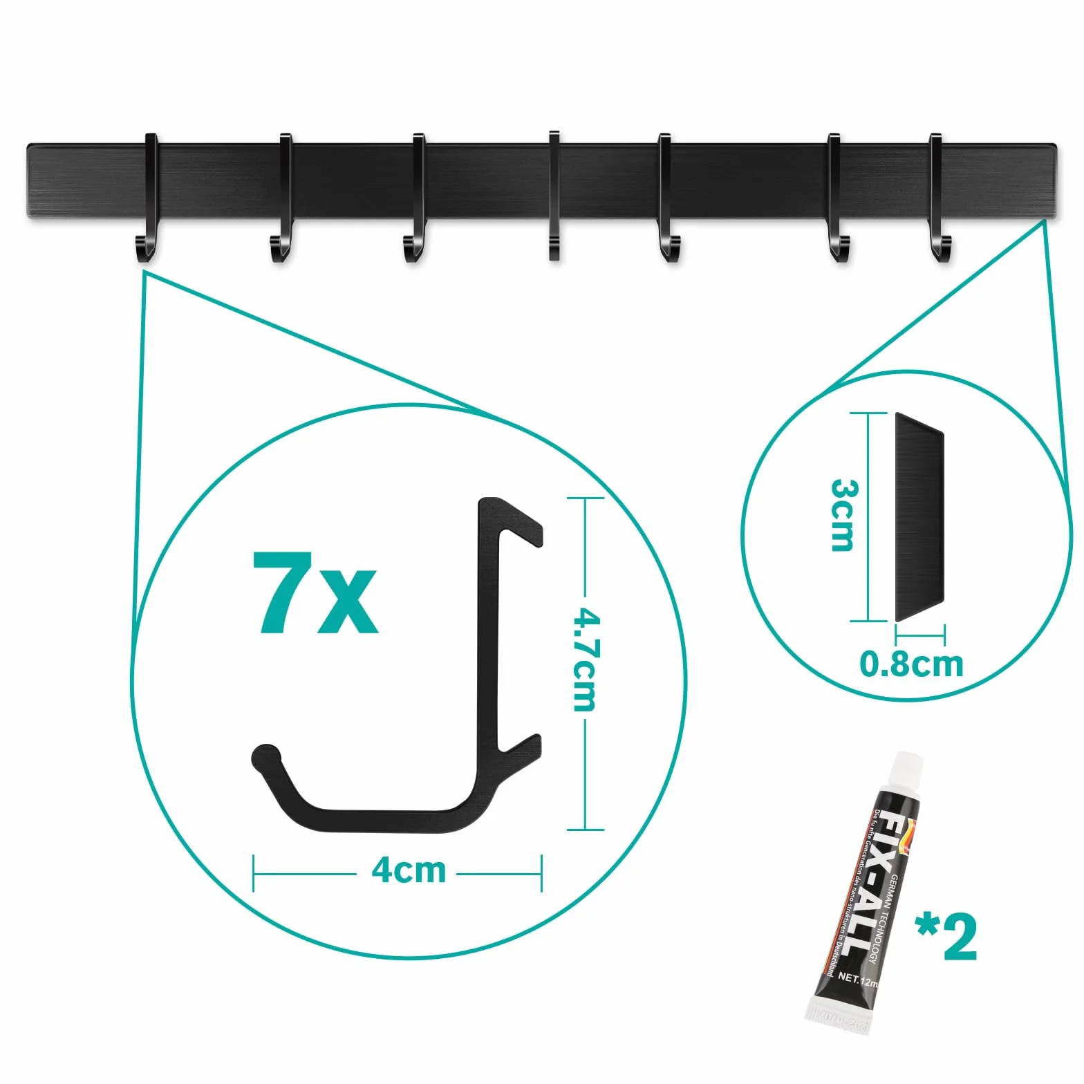 Hakenleiste Küche 40cm, Küchenhalterung ohne Bohren mit 7 abnehmbaren Haken, Aluminium küche Hakenleiste, Matte Oberfläche, Schwarz