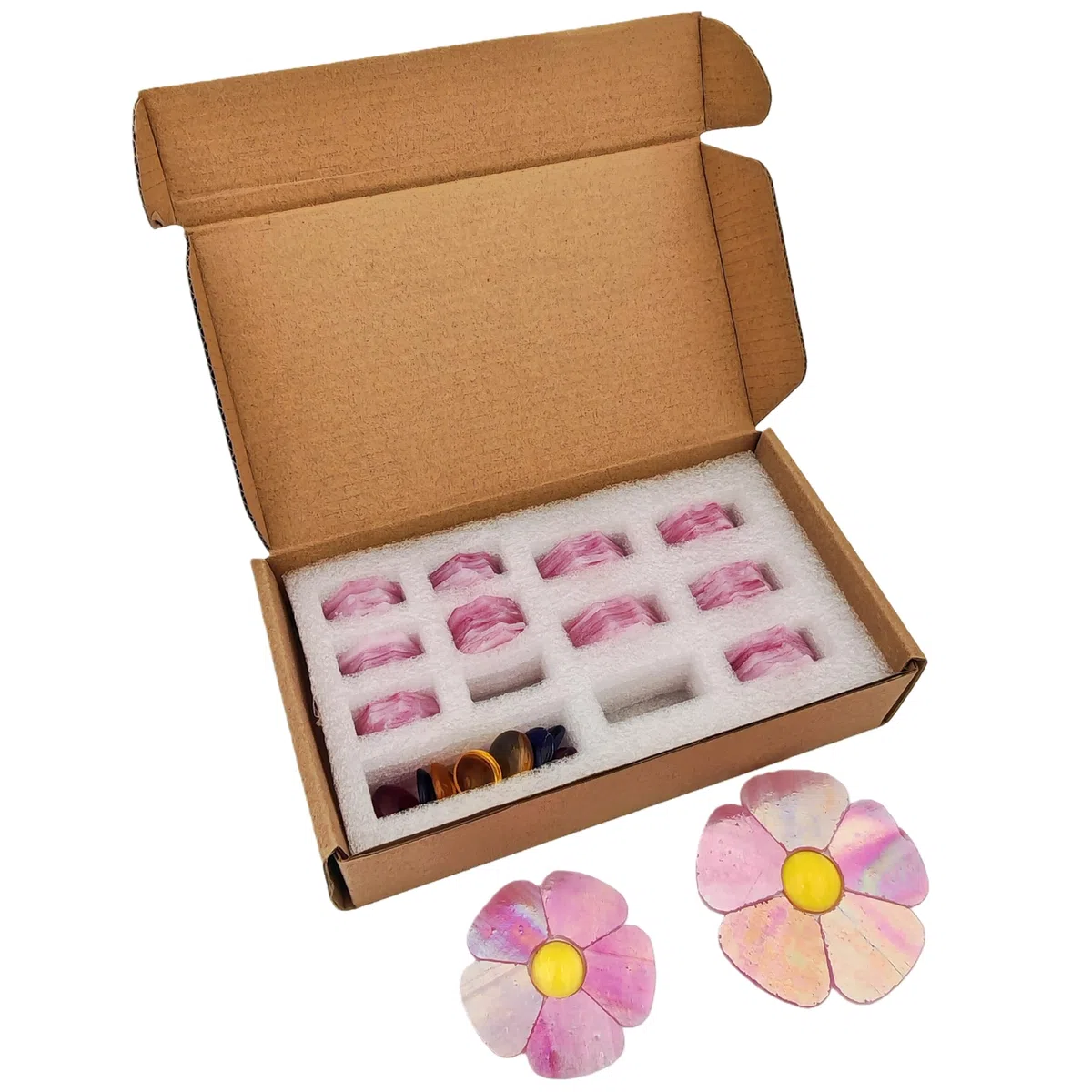 Glasblumen-Mosaikfliesen, 12 Stück Buntglas-Blumenmosaik-Stücke für Haus- und Gartendekoration, geeignet für DIY-Handwerke und Kunstprojekte. (Schillerndes Rosa)